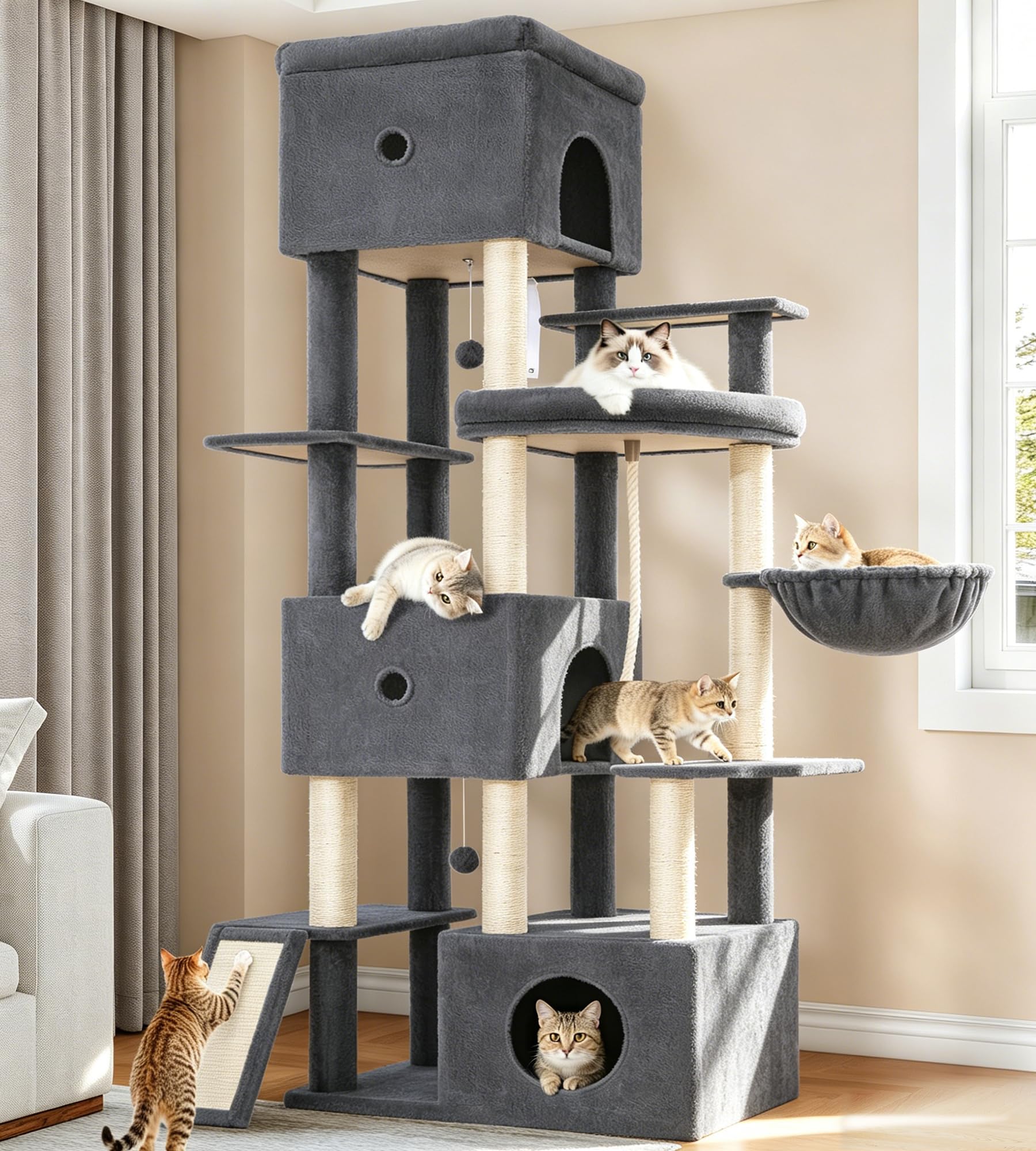 Kratzbaum, 200 cm XXL Katzenbaum, Dunkelgrau, mit 3 Große Höhlen | Mehrere Plattformen, 7 Sisalstämme, Kratzbrett, Körbe, Pompons, für Große Katzen Stabil, für den Innenbereich
