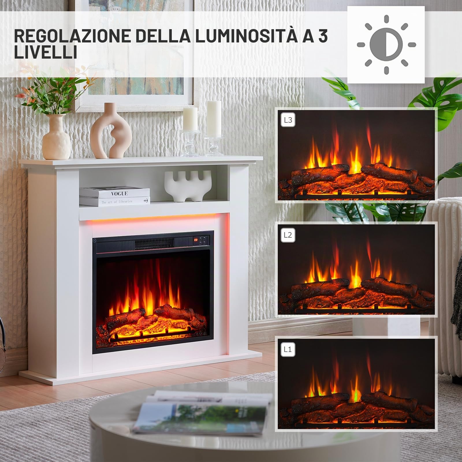 Camino elettrico BALDERIA Liora - Caminetto elettrico con vano portaoggetti, effetto fiamma 3D, illuminazione d'ambiente a LED, riscaldamento 2000W, timer, termostato, telecomando - Liora Bianco