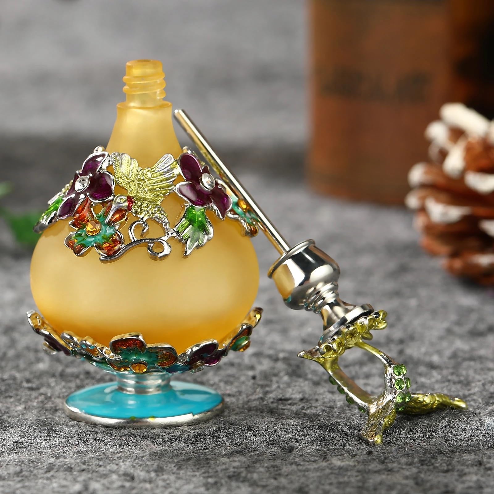 Tragbare Parfüm-Sprühflasche, Parfümzerstäuber, Milchglas, Metall, Emaille, Vogel oder Kappe, nachfüllbar, Goldweiß