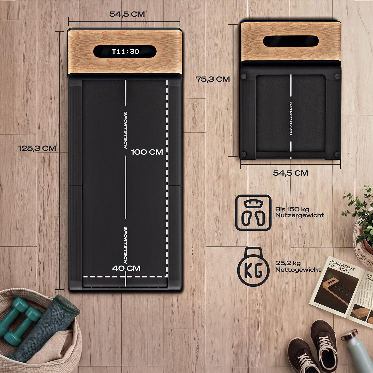 Sportstech Walking Pad Echtholz, 150kg, klappbar fürs Büro, 8 km/h, App | Fürs Home Office, Schrittzähler, unter dem Schreibtisch, kompakt, LED-Display, Bluetooth, gelenkschonend, WoodPad Pro