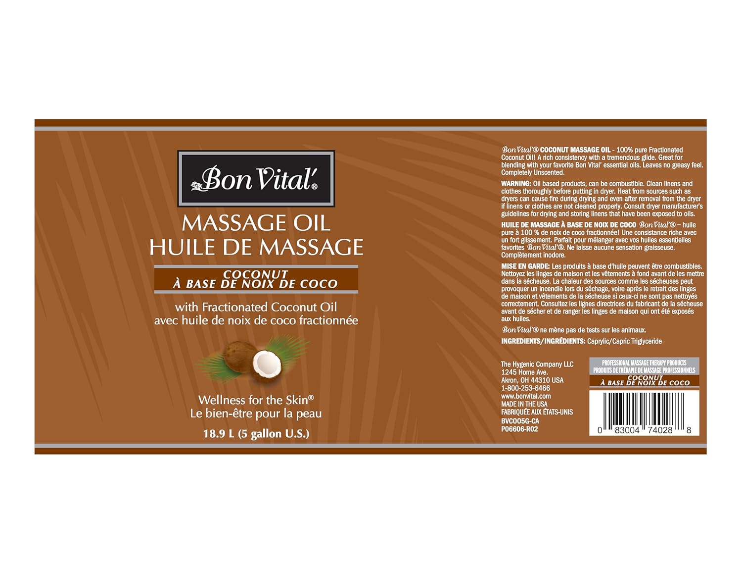Bon Vital' Coconut Massage Oil, 5-Gallon Pail, 100% Pure Fractionated Coconut Oil for Dry Skin, Lightweight Non-Greasy, Neutral Scent, Non-Staining, for Massage Therapy & At-Home Use