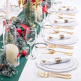 Liacere 350PCS Gold Plastic Plates-Disposable White and Gold Plates 50guest Baroque Plastic Dinnerware include 100Plates, 50Pack Pre Rolled Napkins with Silverware 50Cups for Wedding&Christmas