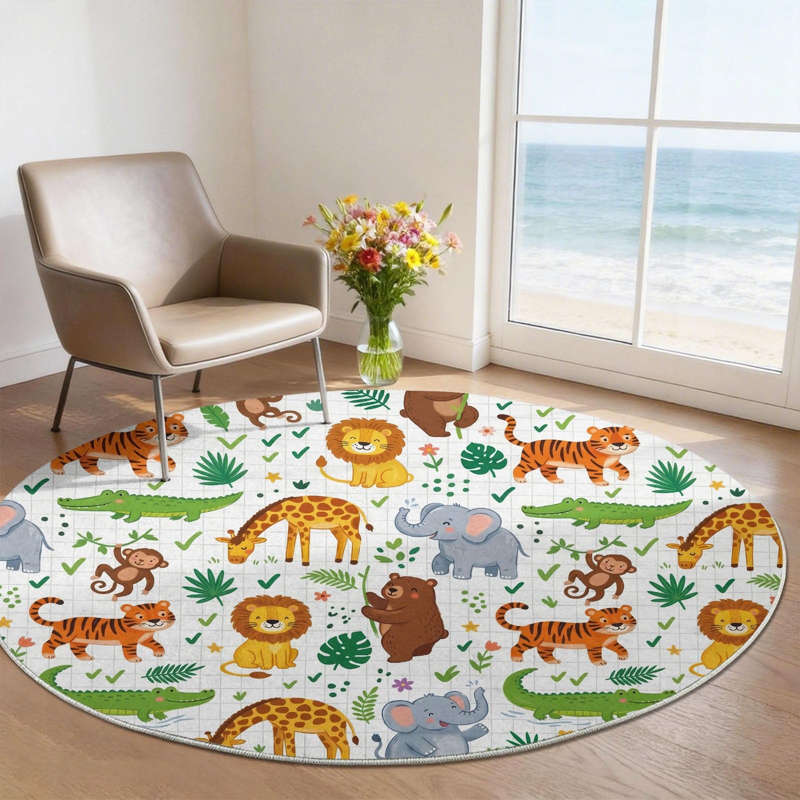 Alfombra redonda redonda de 100 cm con diseño de animales salvajes de dibujos animados de animales salvajes, alfombra de área lavable para bebés y niñas, alfombra de juego para bebés, alfombras suaves