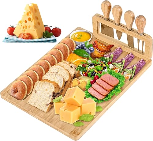 Juego de tabla de queso de bambú y cuchillos, juego de tablas grandes de charcutería de 14 x 11 pulgadas, bandeja de queso con soporte para