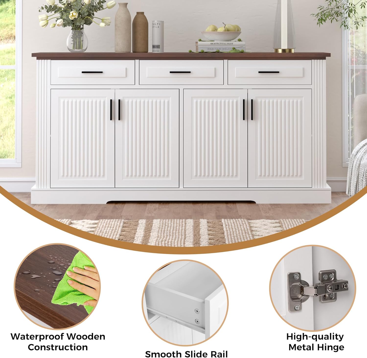 63" Fluted Sideboard Buffet Cabinet with Storage, Coffee Bar Station with 4 Doors and 3 Drawers, Kitchen Console Table with Adjustable Shelves for Living Room, Dining Room, Entryway (White)