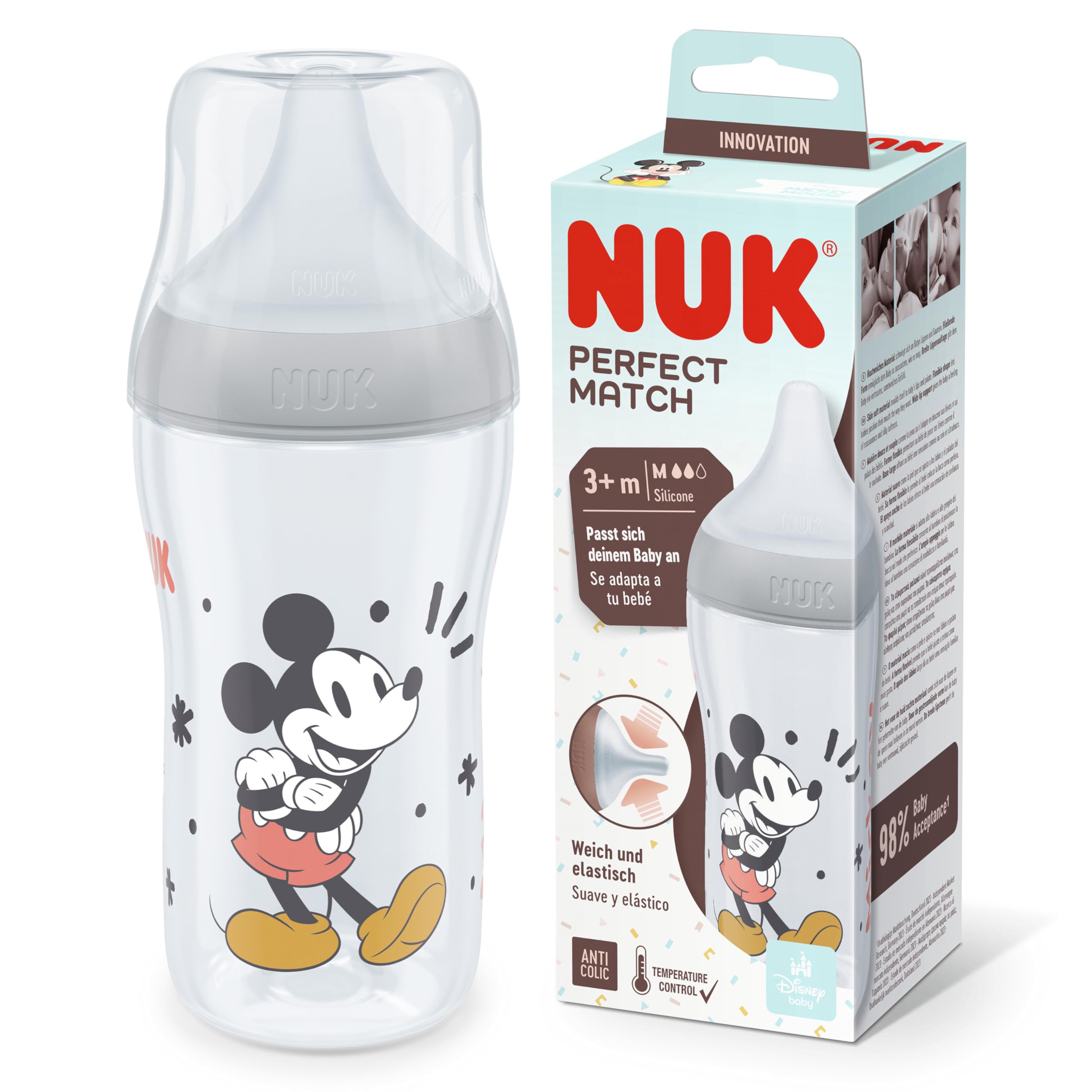NUK Perfect Match Babyflasche | Ab 3 Monate | Passt sich dem Baby an | Temperature Control | Anti-Colic | 260 ml | BPA-frei | Silikontrinksauger, Medium | Disneys Micky Maus [grau]