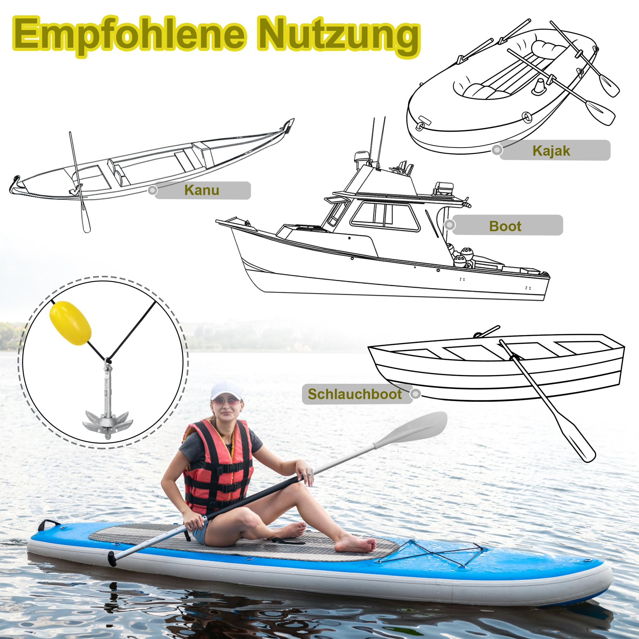 Faltanker Bootsanker aus verzinktem Stahl 0,7/1,5 kg, Klappanker für Boot, Schlauchboot, Kajak & SUP mit 10 m Ankerschleppseil, Wurfanker & Bootszubehör