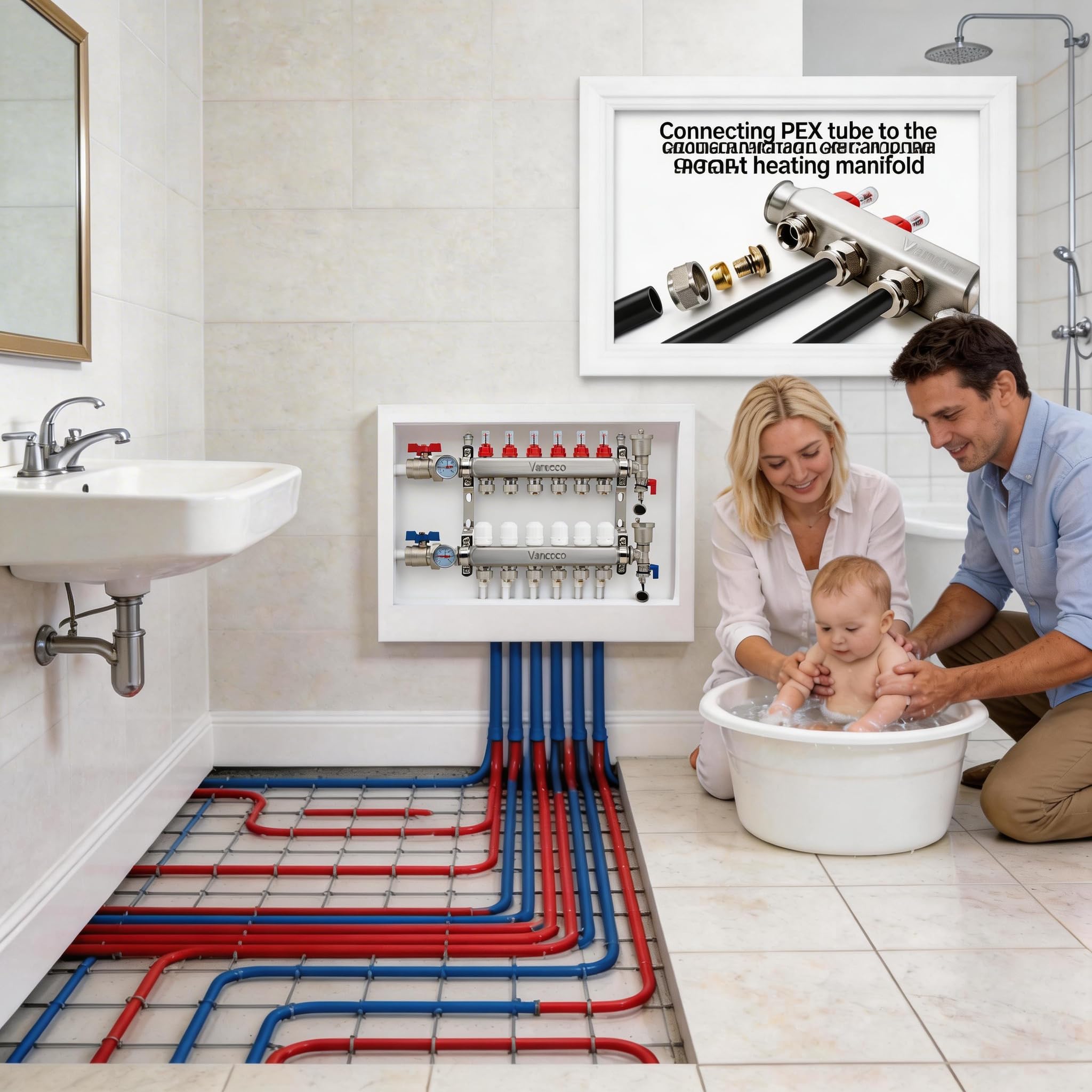 VANCOCO Sistema de calefacción de suelo radiante PEX de 6 bucles con adaptadores de tubo PEX de 1,27 cm, colector de acero inoxidable para calefacción de suelo radiante hidrónico