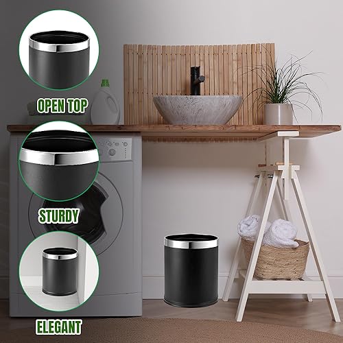 Miniatura 5 de Cubo de basura de metal 'Invisi-Overlap', papelera de oficina pequeña con parte superior abierta, forma redonda (negro)