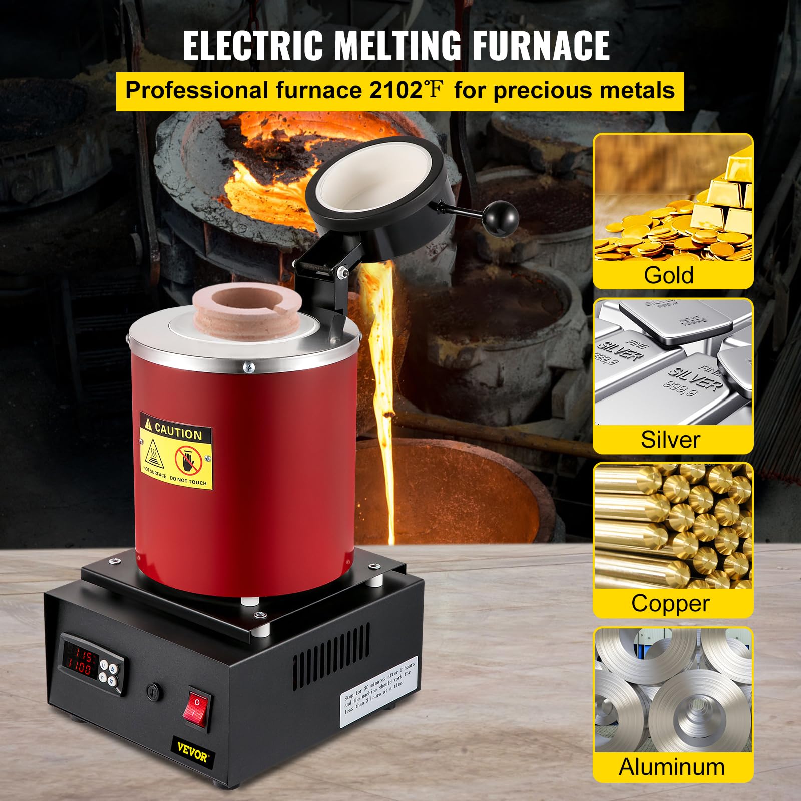 VEVOR Four de Fusion Électrique 1350 W, Four de Fusion d'Or, Température Maximale 1150℃, avec Creuset en Céramique 3 kg, Moule à Lingots et Gants, pour Traitement des Métaux Précieux, Argent, Alu