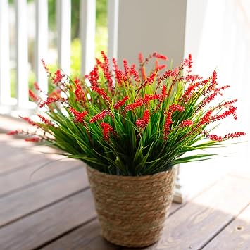 HyeFlora Artificial Fake Flowers Outdoor Plants for Summer Decoration,10 Bundles Faux Plastic Tall Monkey Grass Greenery UV Resistant Realistic Lavender for Home Planter Window Porch Garden-Red
