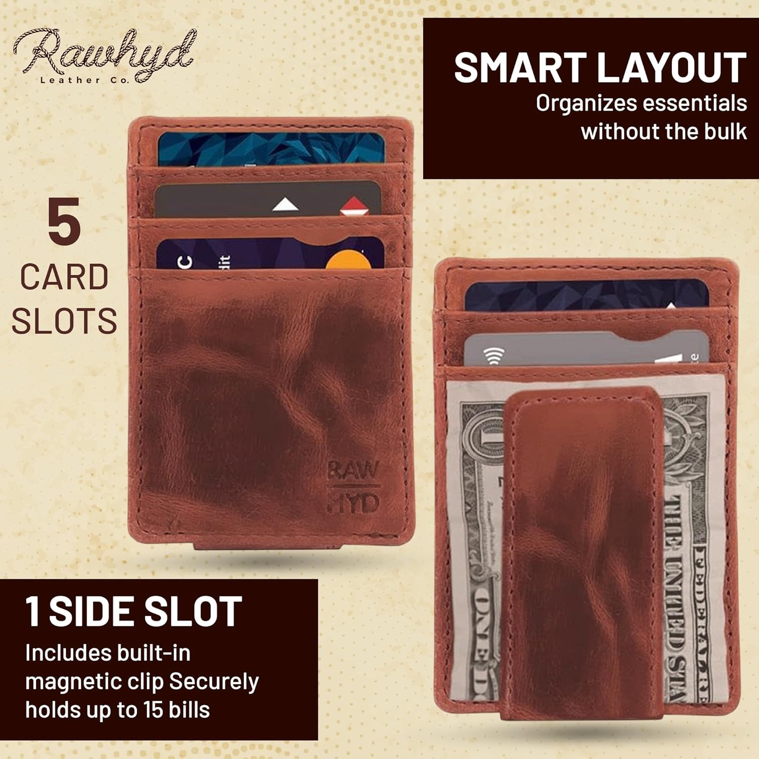 RAW HYD Men's Full-Grain Leather Slim Wallet with Money Clip - RFID Blocking, 5 Card Sleeves, Holds 15 Bills, Compact & Durable - Hunter Brown - Image 4