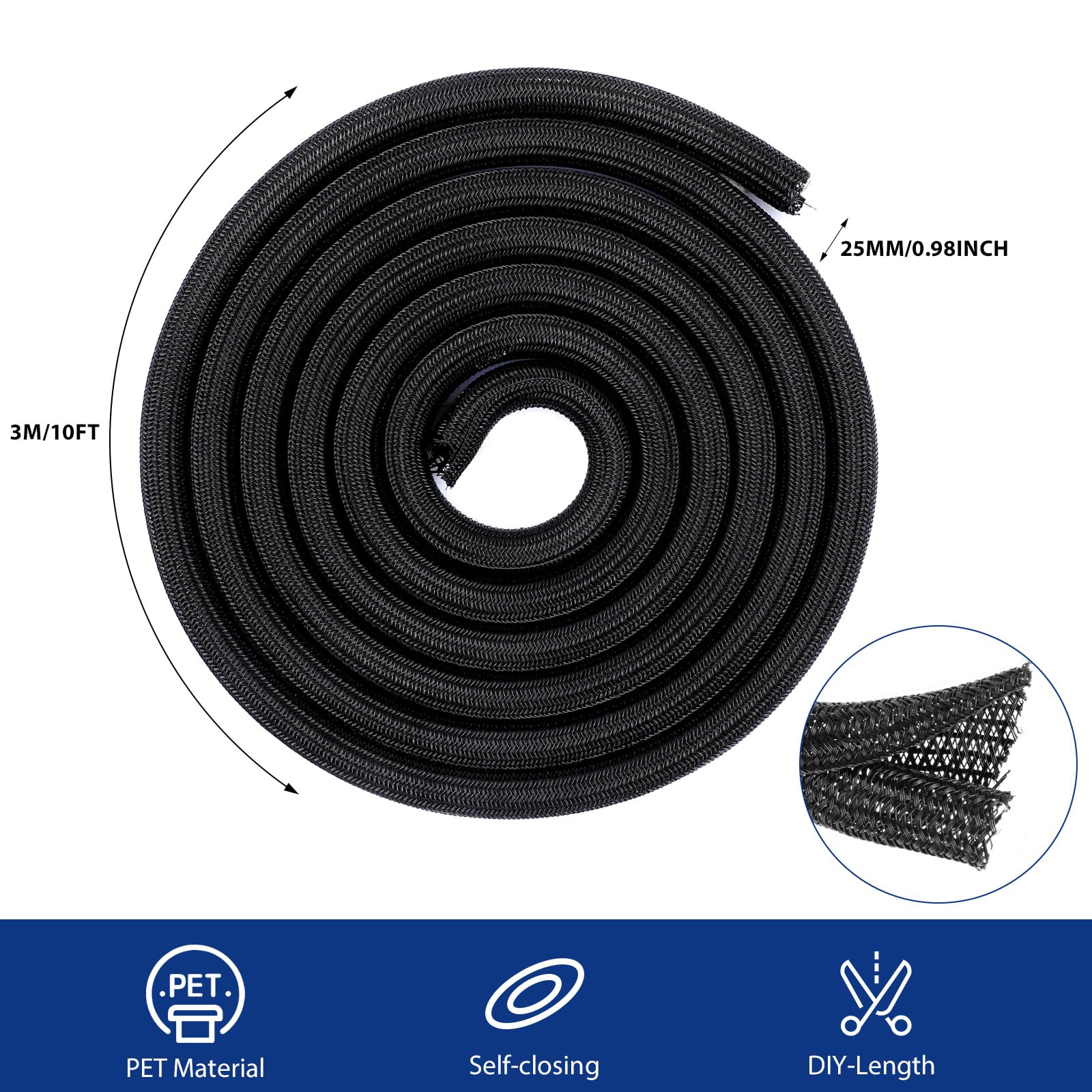 Romon 3m Guaina Cavi Intrecciata, 25-32 mm Flessibile Self-closing Raccogli Cavis, Tagliabile Nascondi Cable Management, Espandibile Copri Cables Elettrici per TV Computer Ufficio Casa Auto- Nero