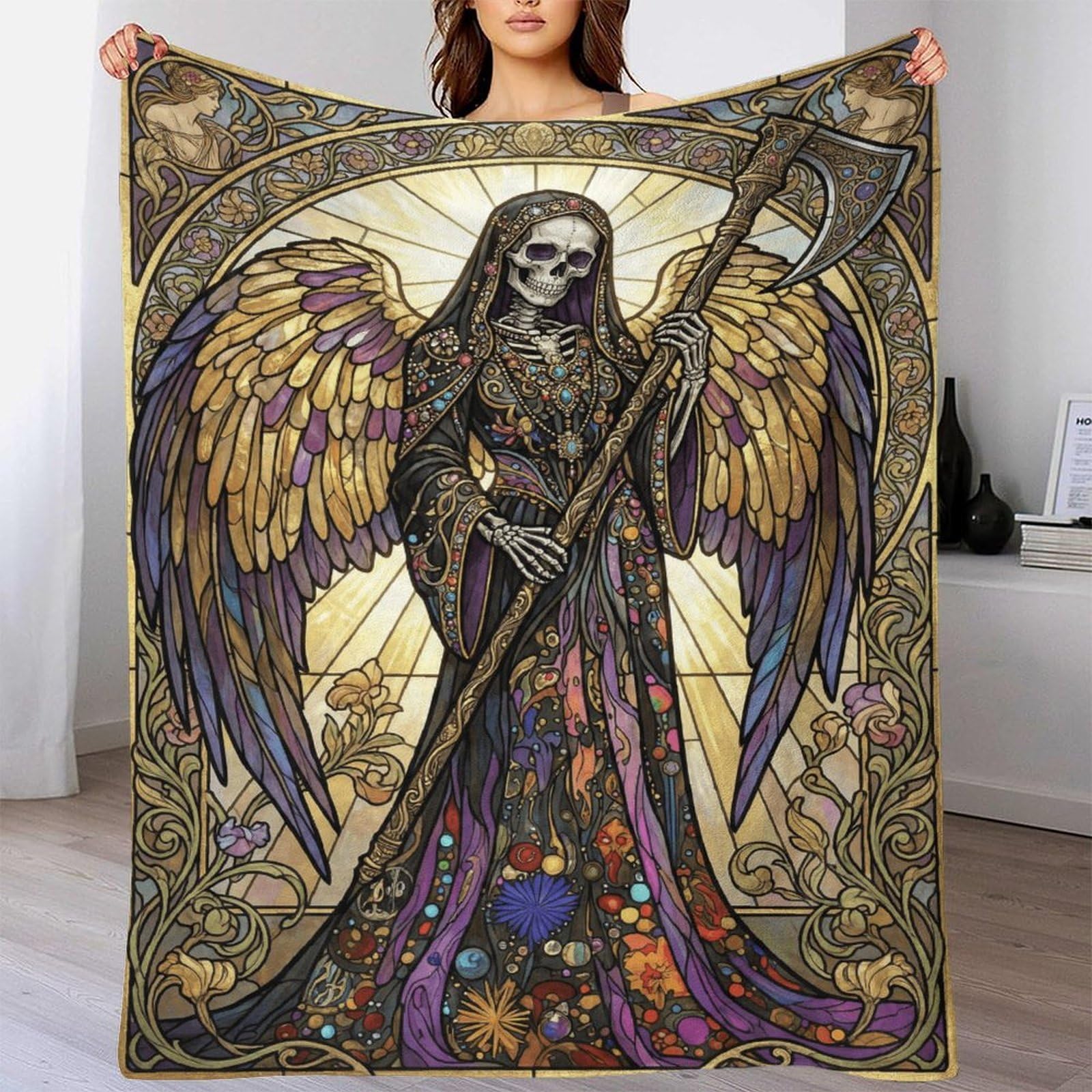 H3B8U2Y5 Art Nouveau Skull Grim Reaper Soft Throw Blanket, Car Travel Couch