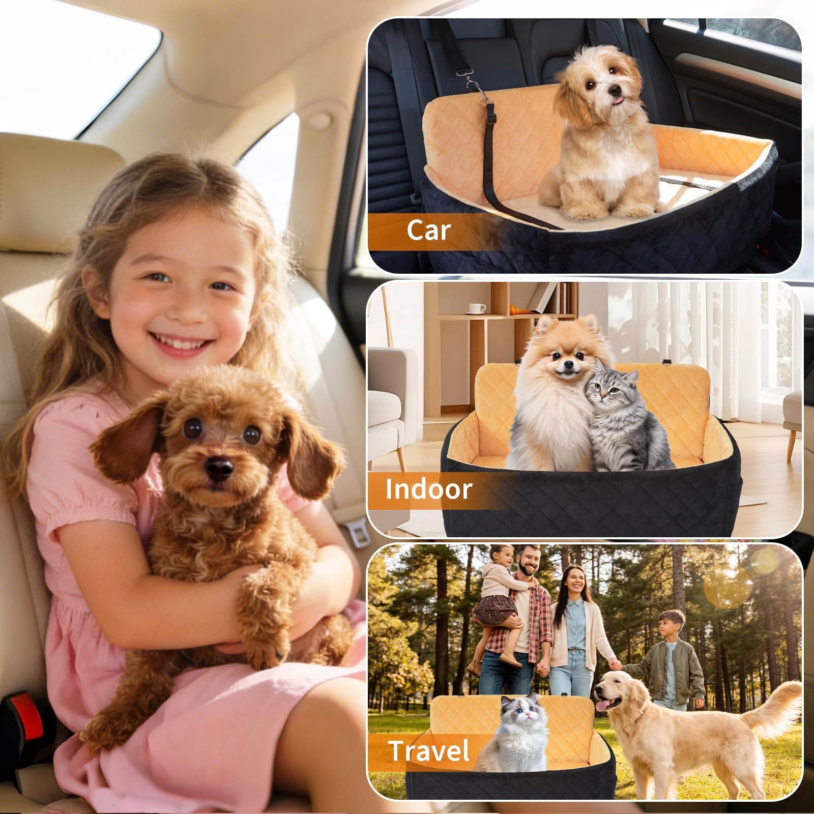 Garvee Asiento grande de coche para perro, cama de espuma viscoelástica de 80 x 50 cm con 2 correas de seguridad, funda lavable desmontable y bolsillos de almacenamiento, asiento elevador para