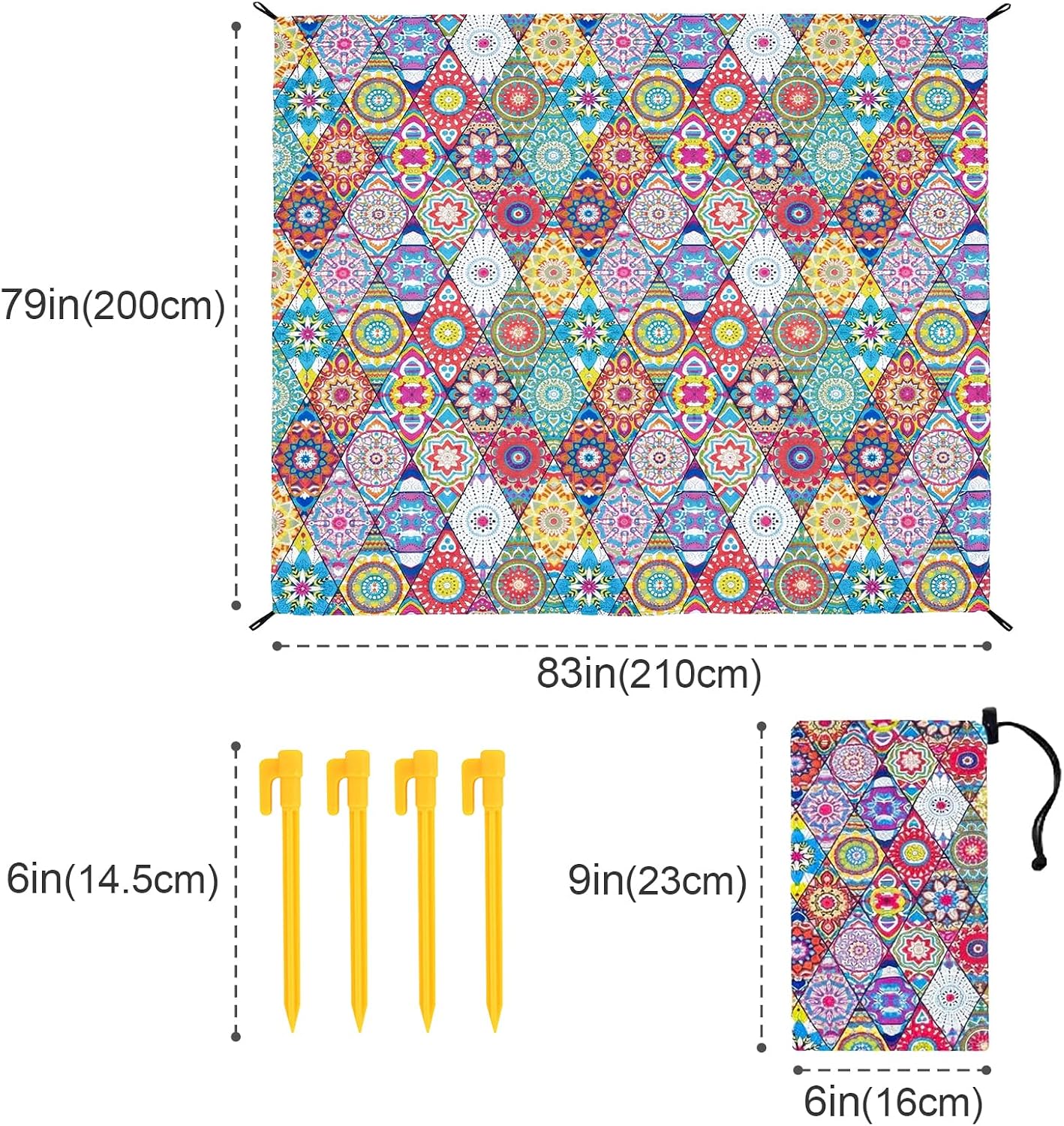 Portable Beach Blanket 6.5'x6.5' - Sand-Free & Lightweight (1lbs) Nylon | Kaleidoscope Pattern Design for Families | Quick-Dry Skin-Friendly Picnic Mat for Beach/Camping
