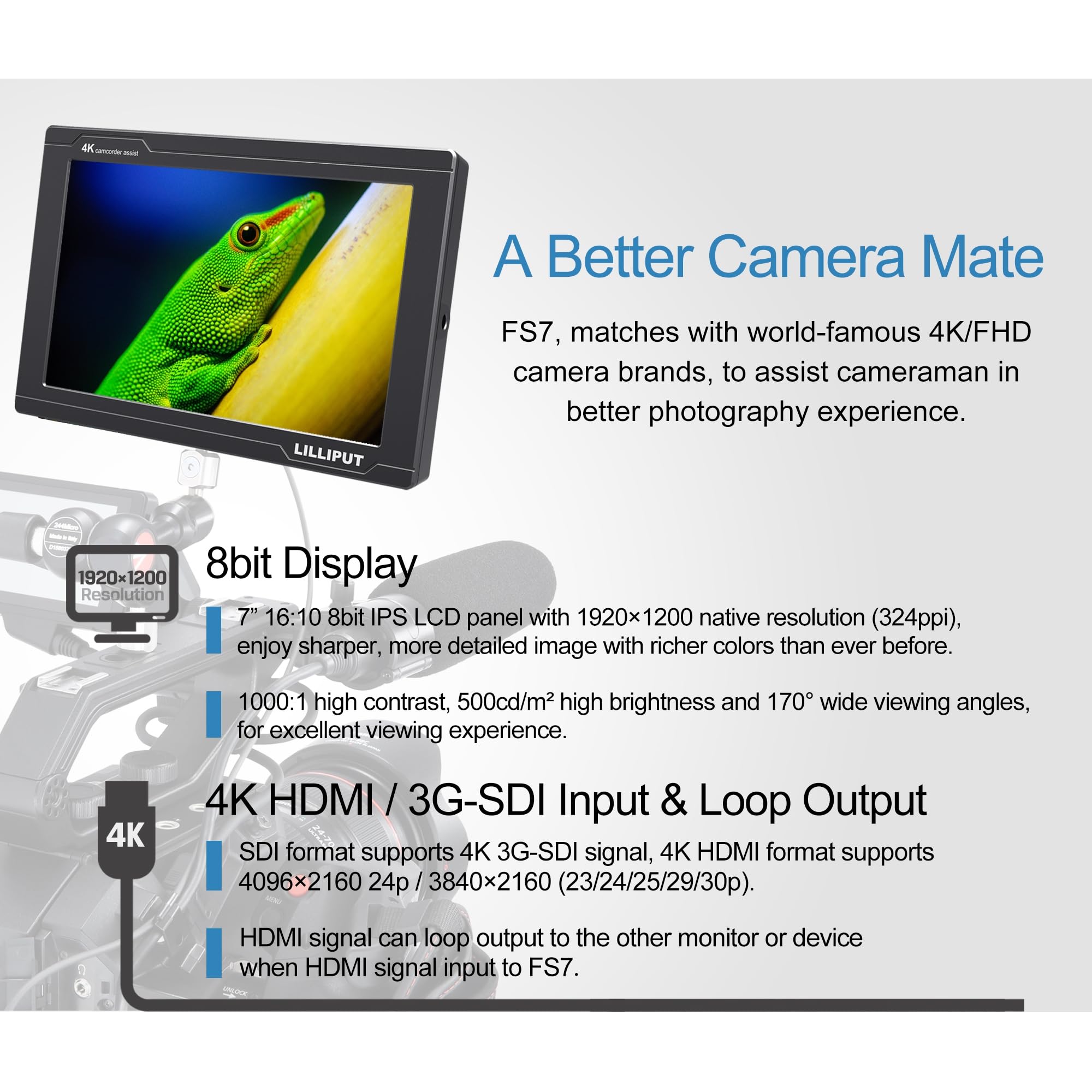 LILLIPUT FS7 7 pollici 1920 x 1200 FHD LCD Kaméra Moniteur con forma d'onda VectorScope Istogramma 4K HDMI Ingresso, DSLR Moniteur de Champ de Caméra HDMI 1.4/3G-SDI Camera Field Monitor