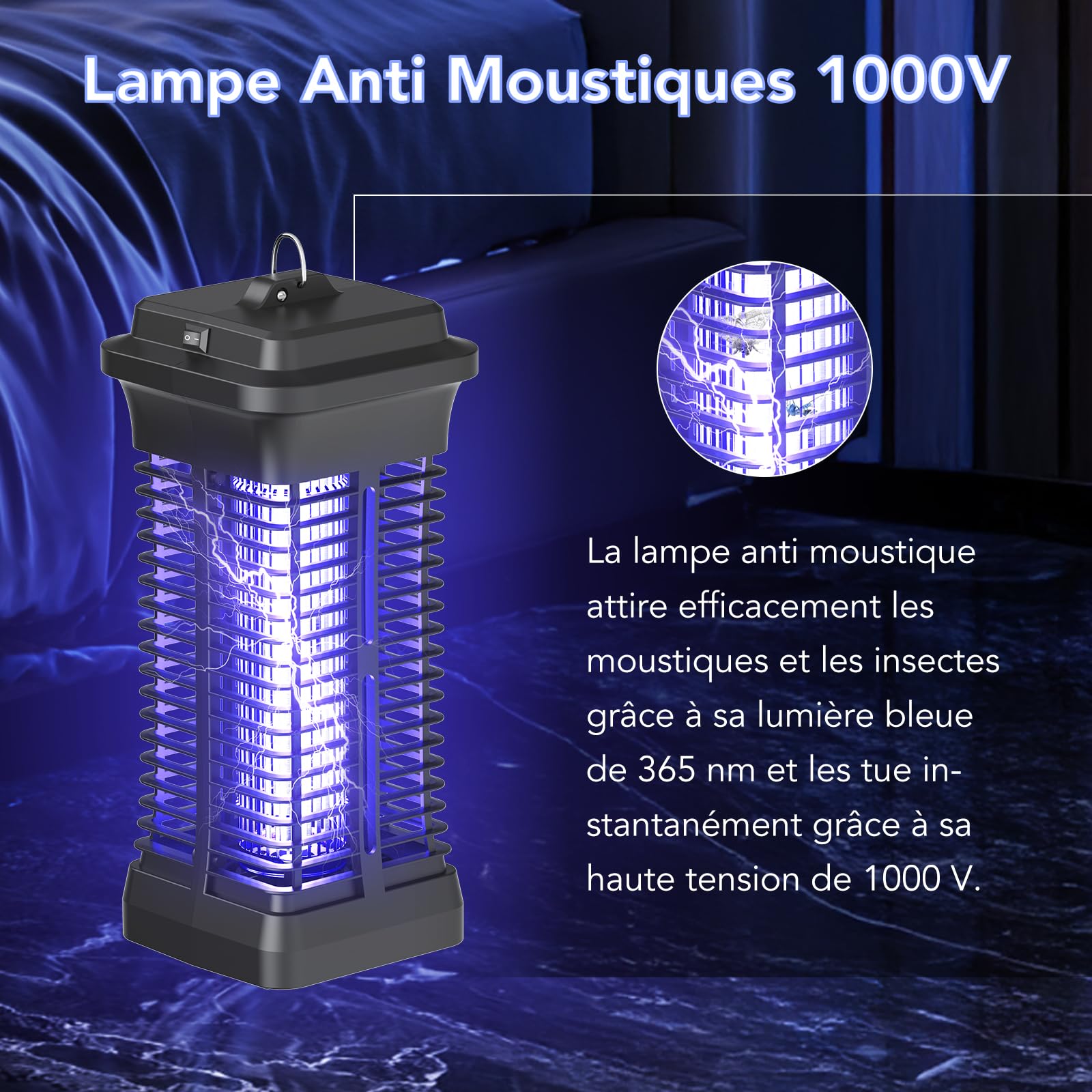 Lampe Anti Moustique Intérieur, Piège Mouche Intérieur 6W 1000V UV, Appareil Anti Moustique Tue Mouche Électrique Destructeur d'Insectes pour Salon Chambre Cuisine