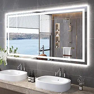 60"X30" LED Bathroom Mirror with Front Lights and Backlit, Anti-Fog, Dimmable, Shatter-Proof Tempered Glass, Lighted Bathroom Vanity Mirror for Wall with 3 Colors, Memory Function