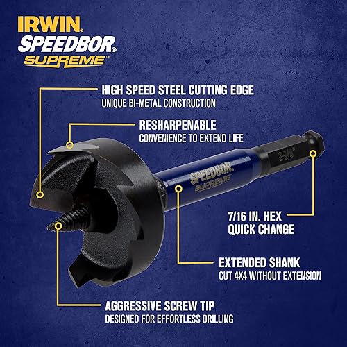 Miniatura 3 de Irwin Tools IRWIN SPEEDBOR SUPREME - Broca autoalimentadora para madera, 2 18 pulgadas x 6 pulgadas (IWAX2008)