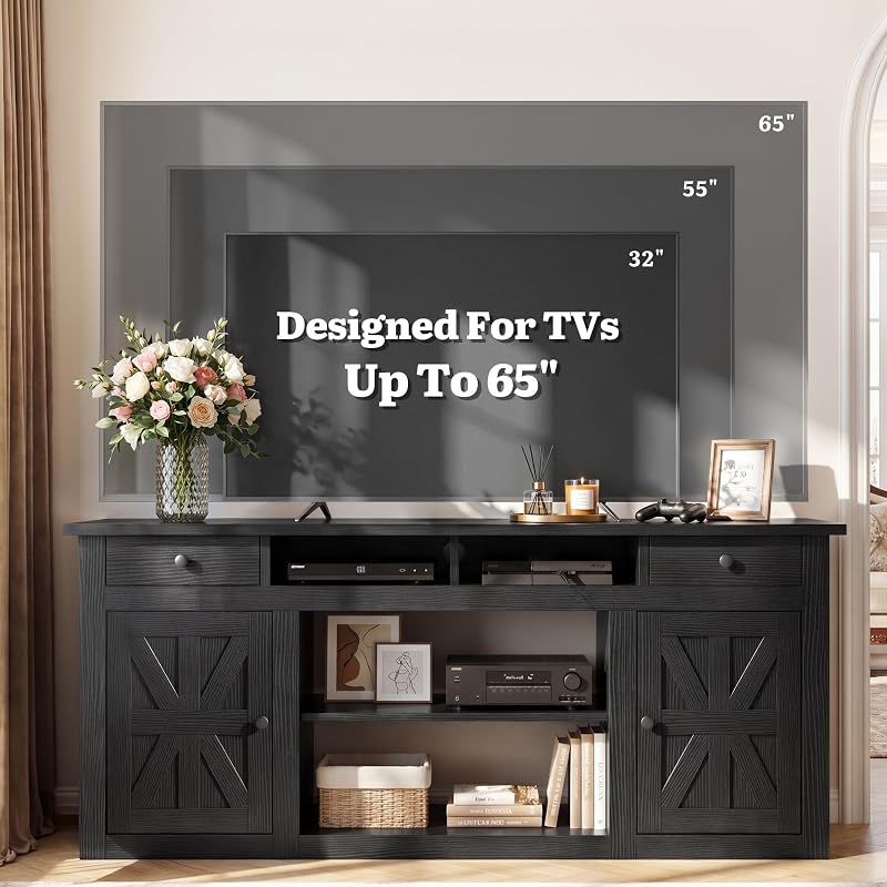 YITAHOME Farmhouse TV Stand with Storage Cabinets for 65" TV, Black image 5