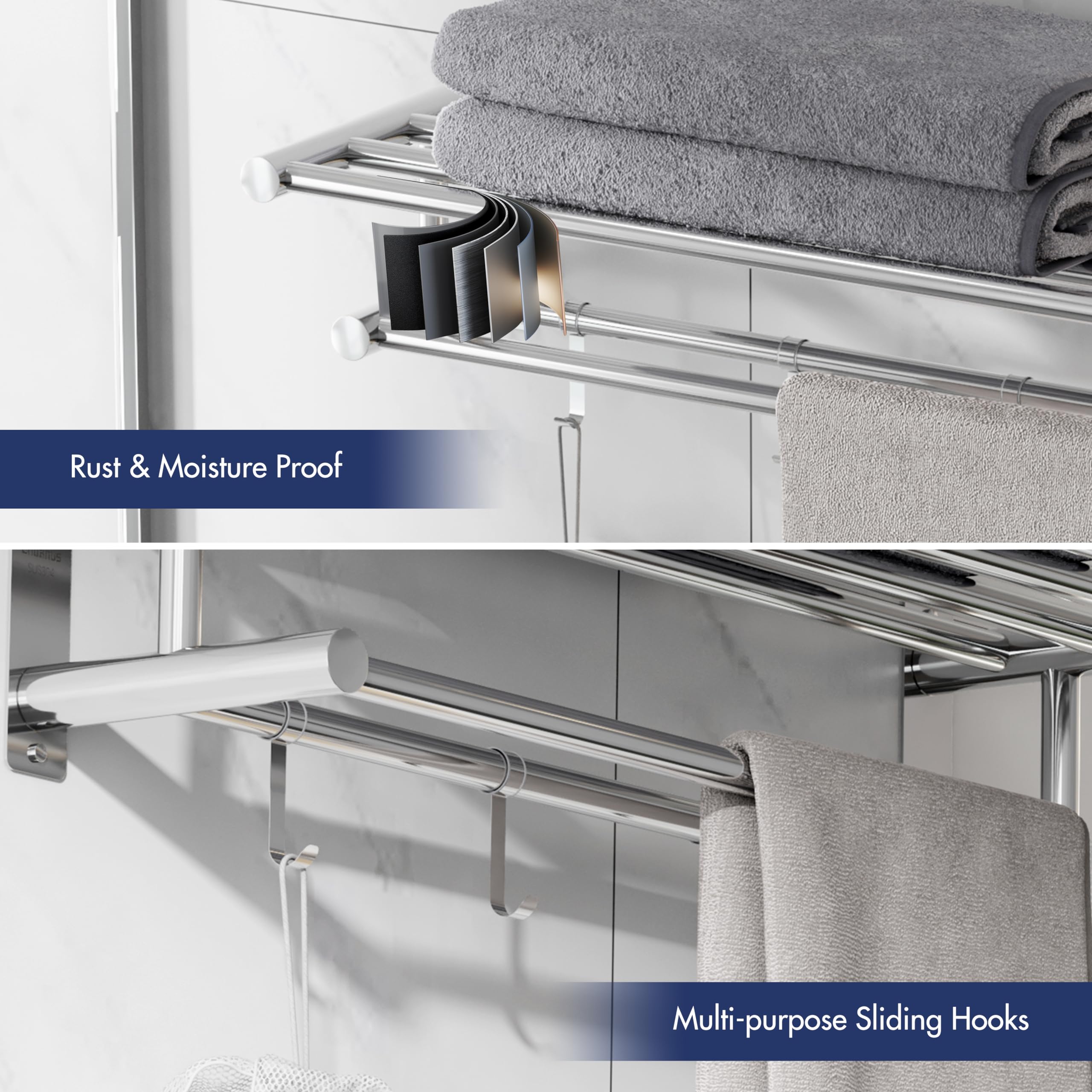 Eridanus Estante de Toallas, Toallero Doble de Acero Inoxidable SUS304 de Pared, Estantería de Almacenamiento para Baño con Barras y Ganchos(60x22,5x16cm)