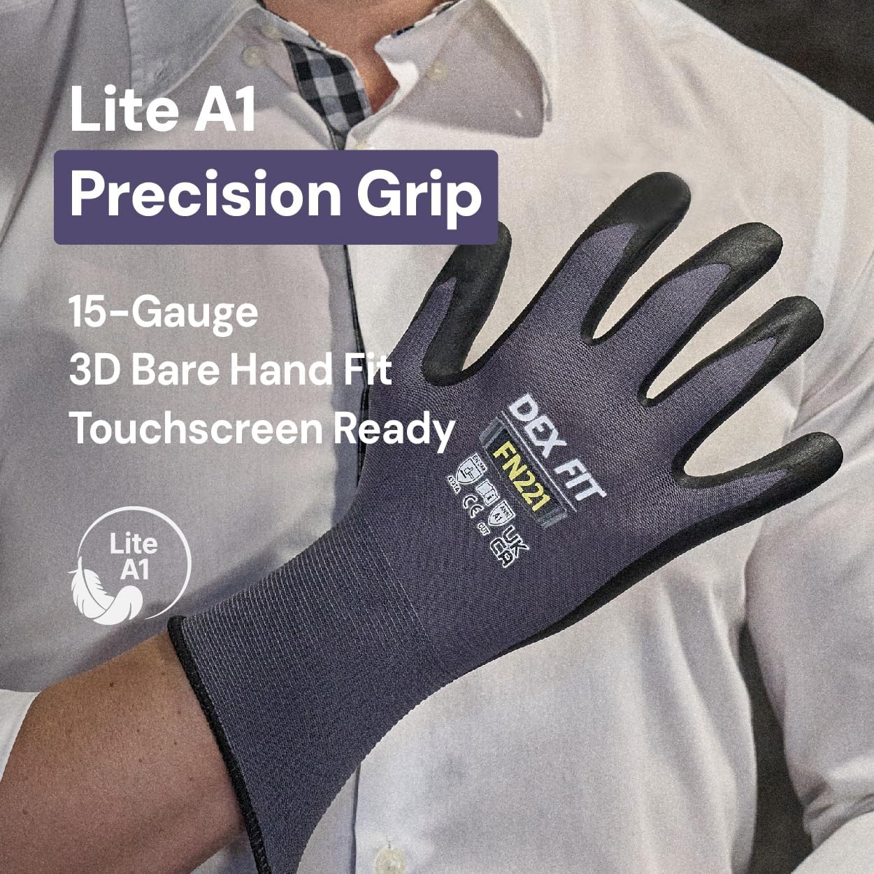 DEX FIT FN221 Thin Nitrile Coated Work Gloves — 15-Gauge 3D Comfort Fit, Power Grip Palm, Touchscreen