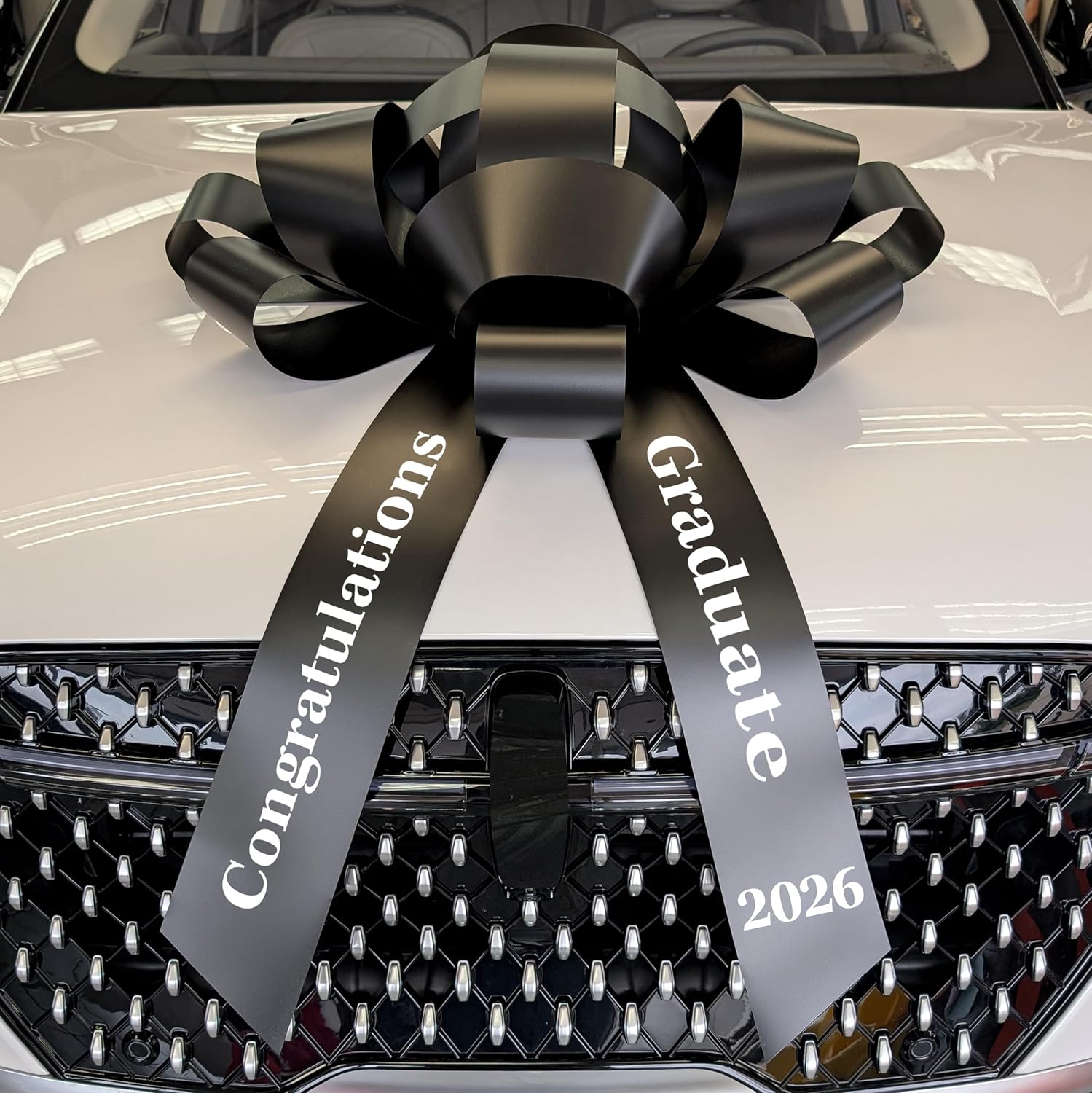 Giant 30 Inch Black White Graduation Car Bow Congratulations Graduate 2026 Waterproof Magnetic 47 Inch Tall Handmade USA Indoor Outdoor No Assembly School Colors