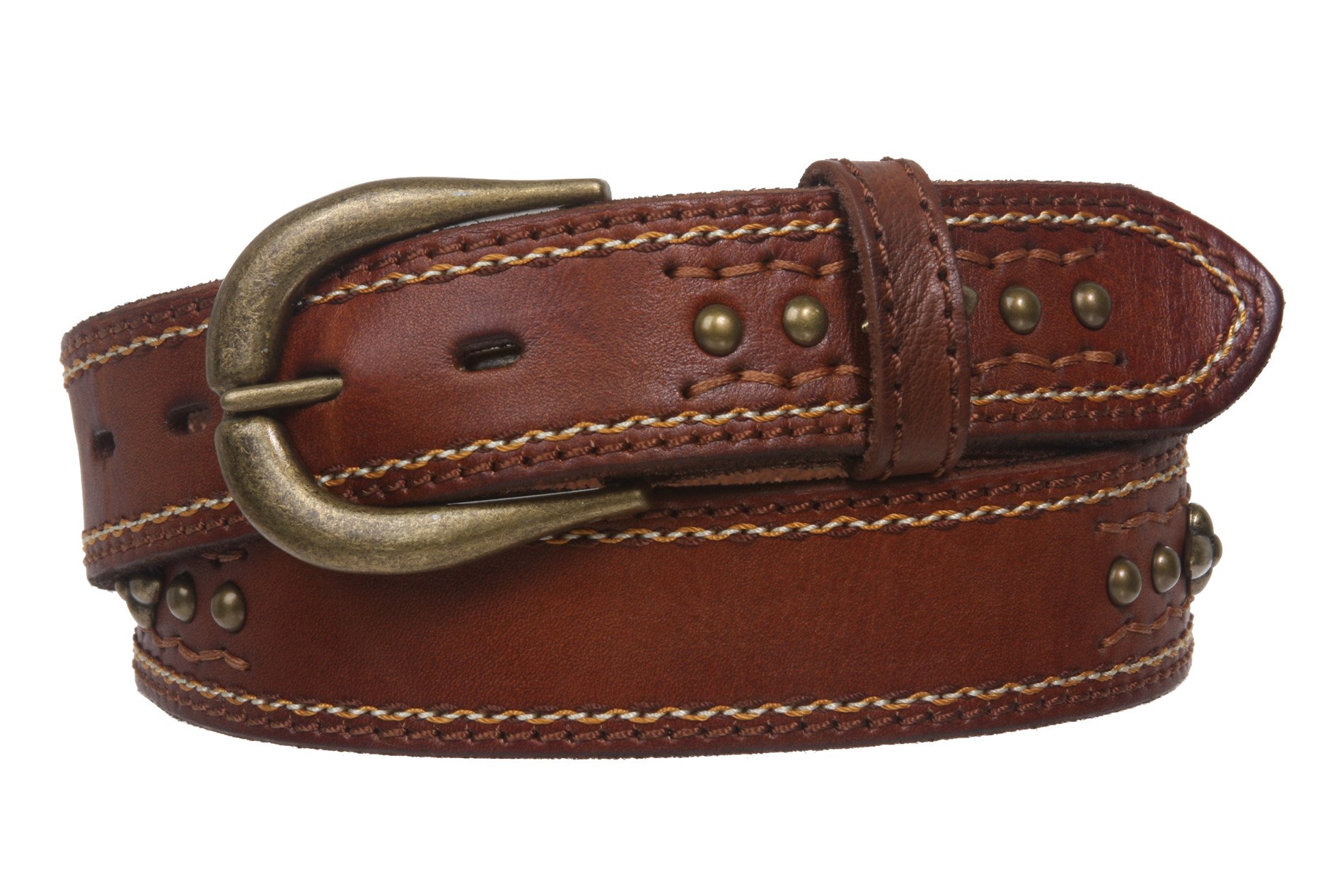 Snap On Stitching-Edged Floral Riveted Studs Cowhide Leather Casual Jean Belt, Tan | 40