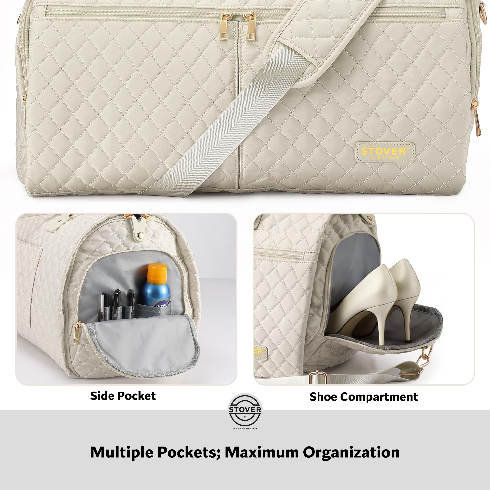 STOVER Damen wandelbare Kleidertasche für Reisen, 2-in-1 Handgepäcktasche für Wochenendausflüge, faltenfreie Kleider, hängende Anzüge, Kleidung + Schuhfach & Bonus Kulturbeutel, Kaschmir-Creme, 20