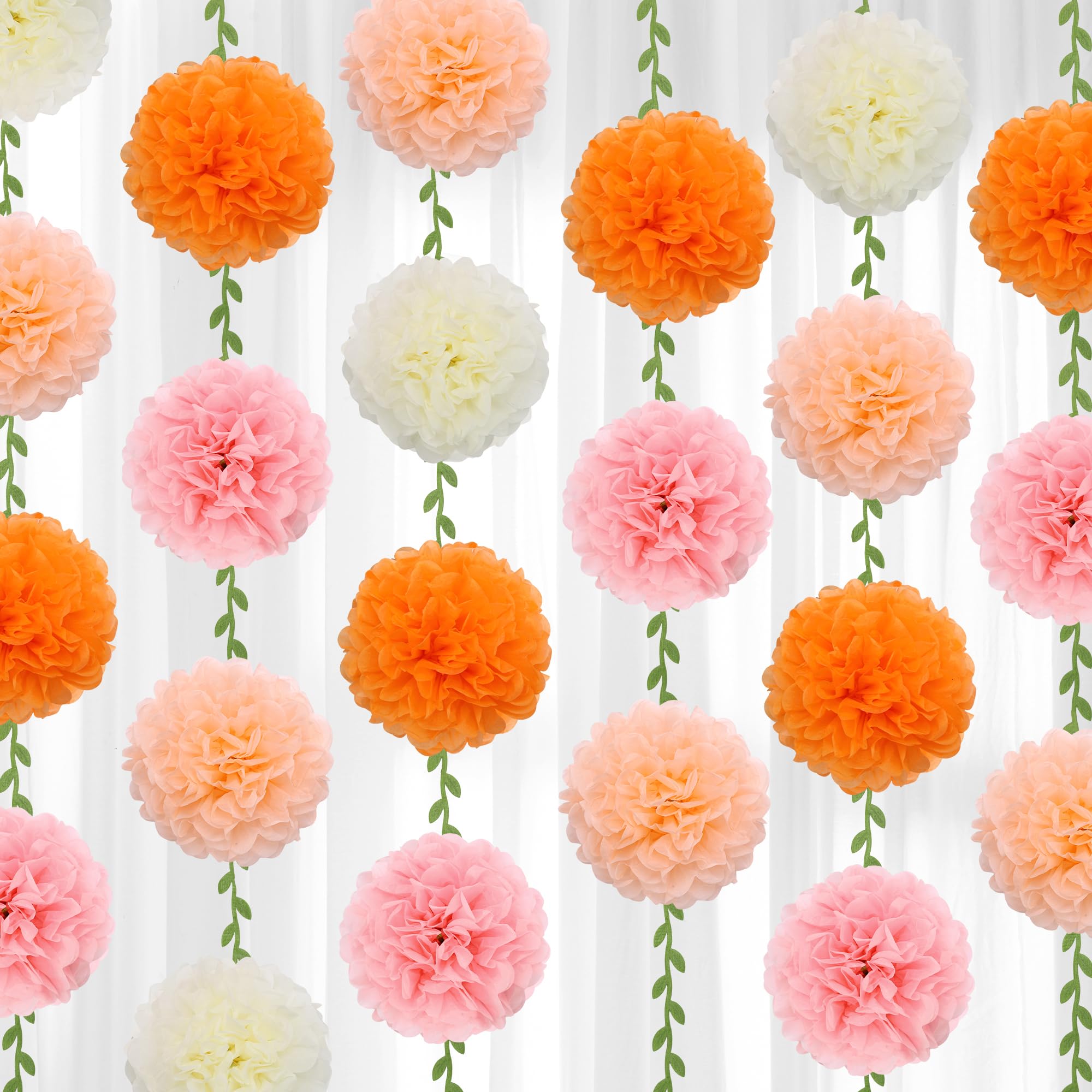 BestoFun 16 PCS 6 Inch Orange Pink Tissue Paper Pom Pom Garland, Flower Garland, Vibrant Party Decorations for Birthday Wedding Anniversary Fiesta Celebration Event Decor