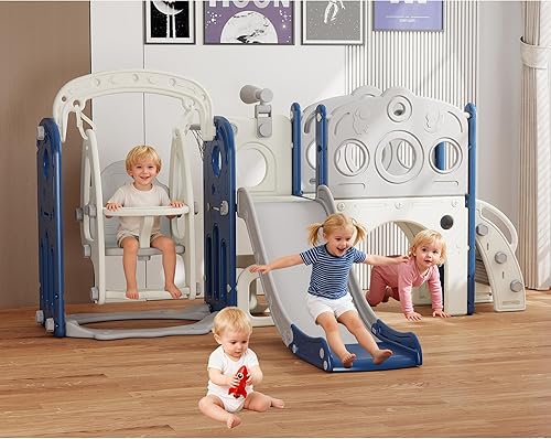 Juego de tobogán y columpio 9 en 1 para niños pequeños de 1 a 3 años, para interiores y exteriores, con aro de baloncesto, telescopio