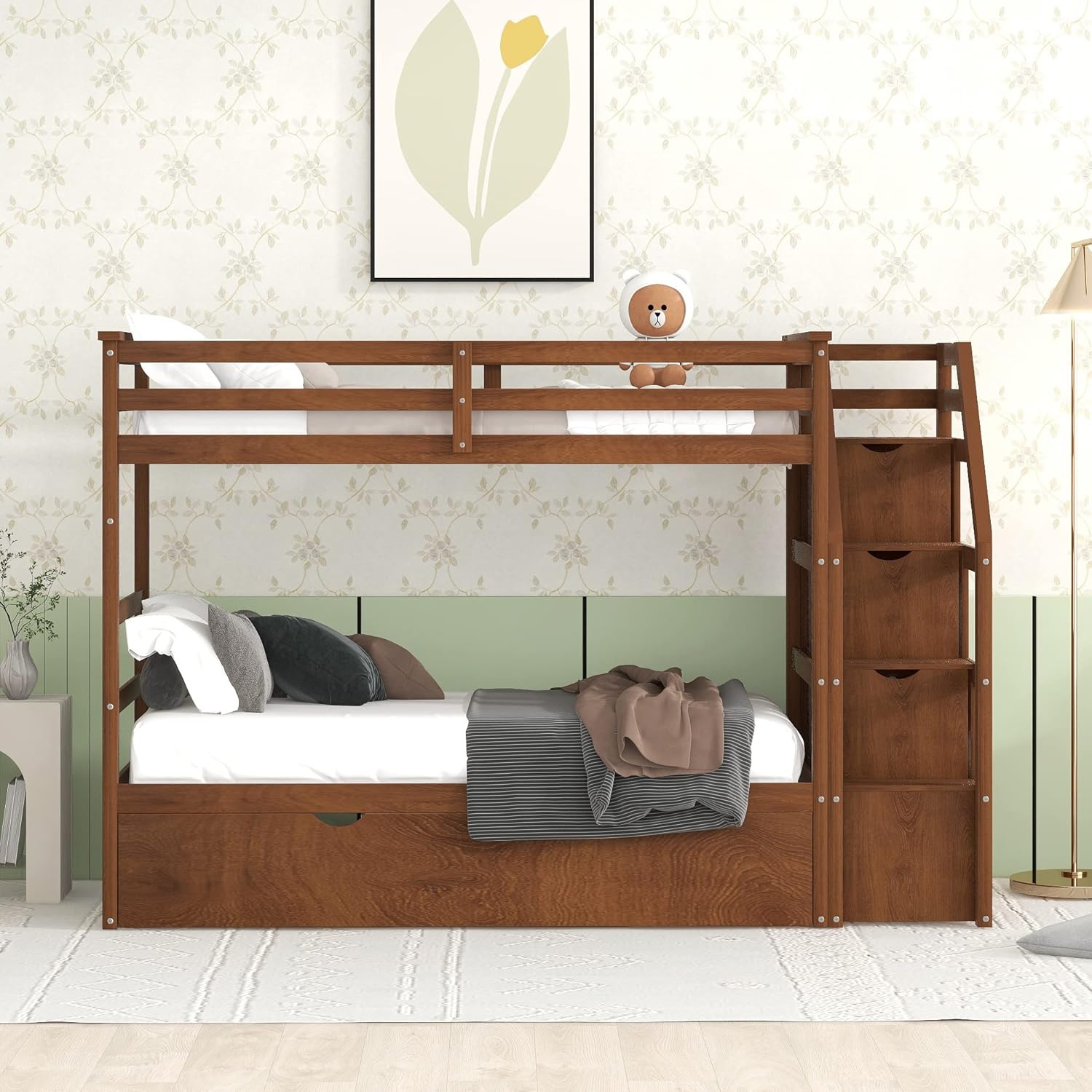 Harper & Bright Designs Bunk Bed with Trundle and Staircase, Wood Twin Over Twin Bunk Beds Frame with Safety Rail, Twin Size Trundle Bunk Bed for Kids Teens Adults (Walnut)