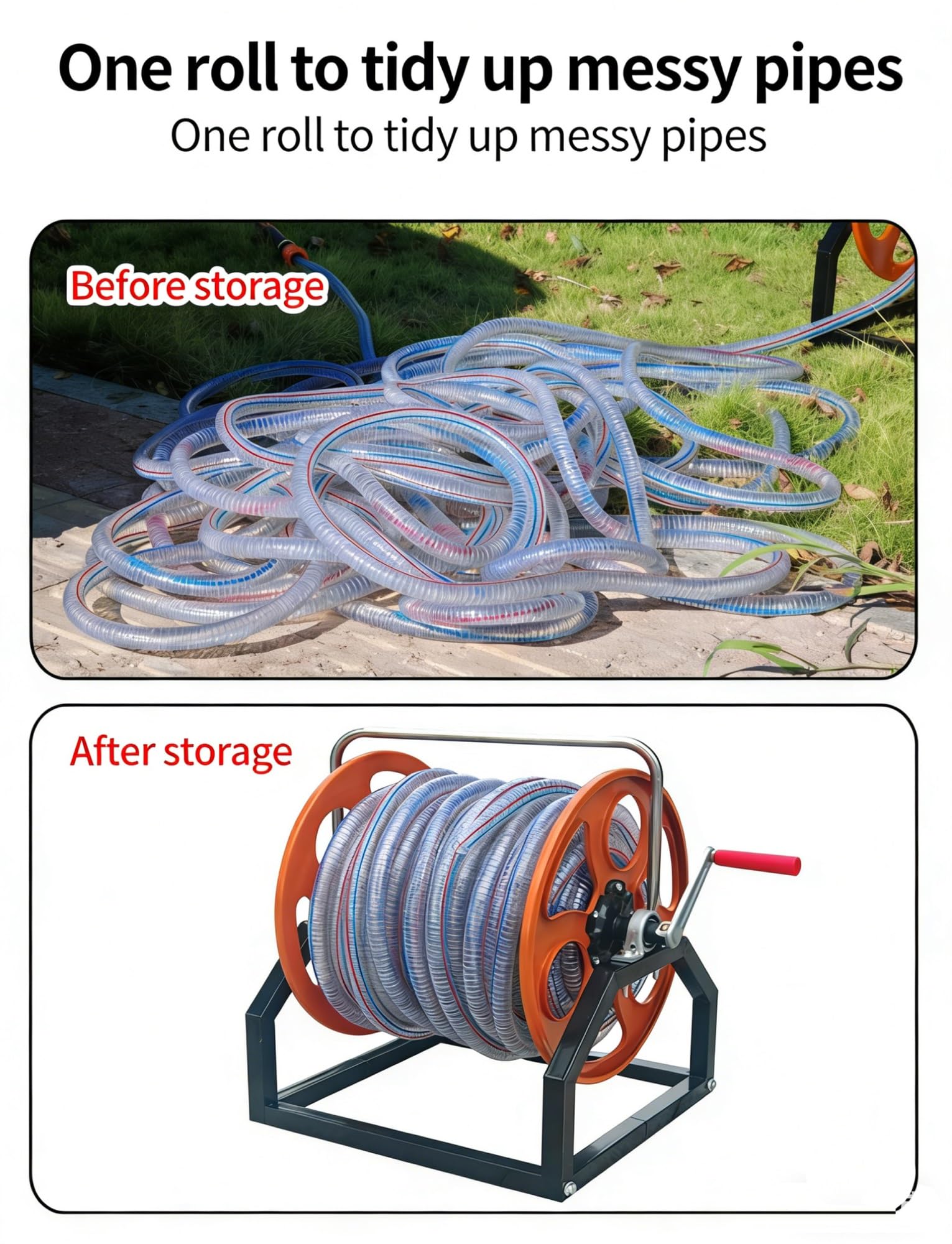 Carrete de manguera de jardín, organizador de manguera de metal portátil, soporte de montaje en pared para riego de césped y almacenamiento de cables