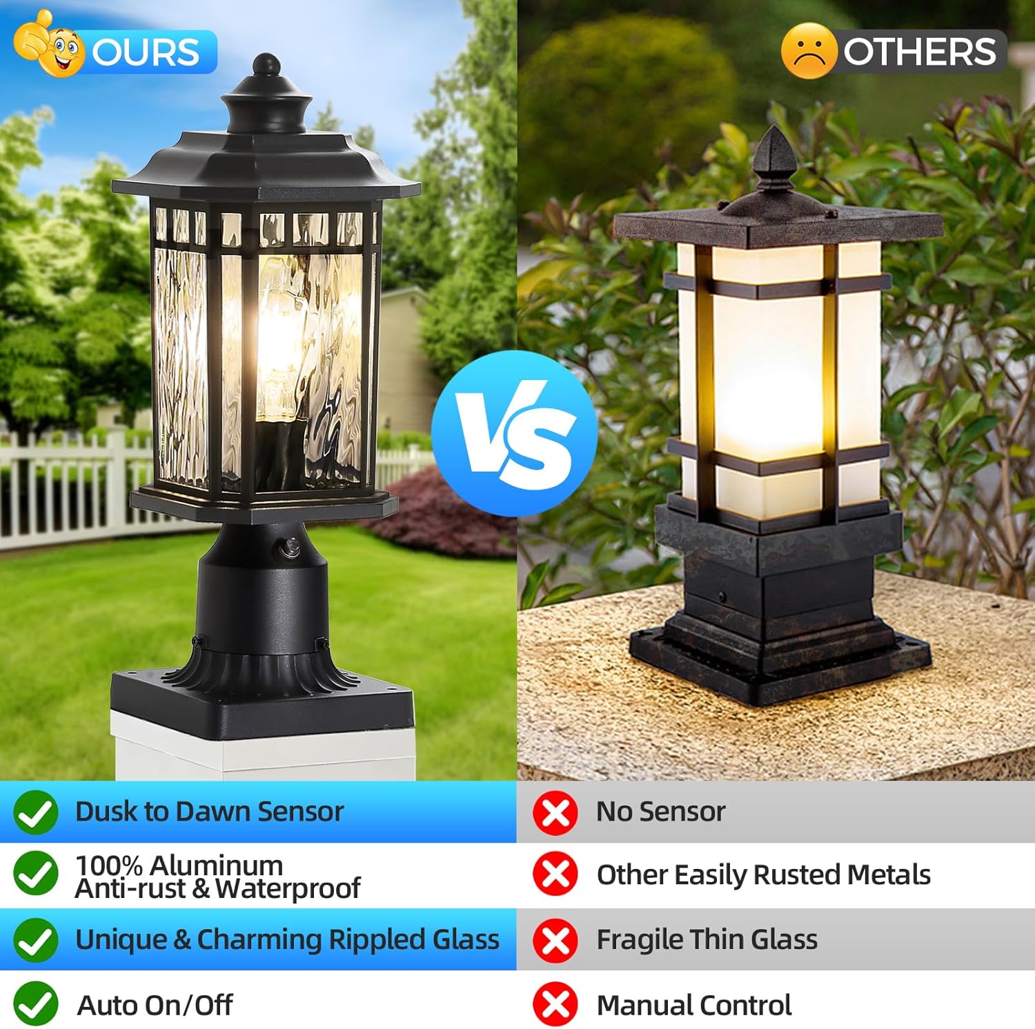 DASTOR 2 Pack Outdoor Post Lights, Dusk to Dawn Outdoor Lamp Post Light Fixture with Pier Mount Base, Waterproof Aluminum Post Lantern for Garden Patio Pathway