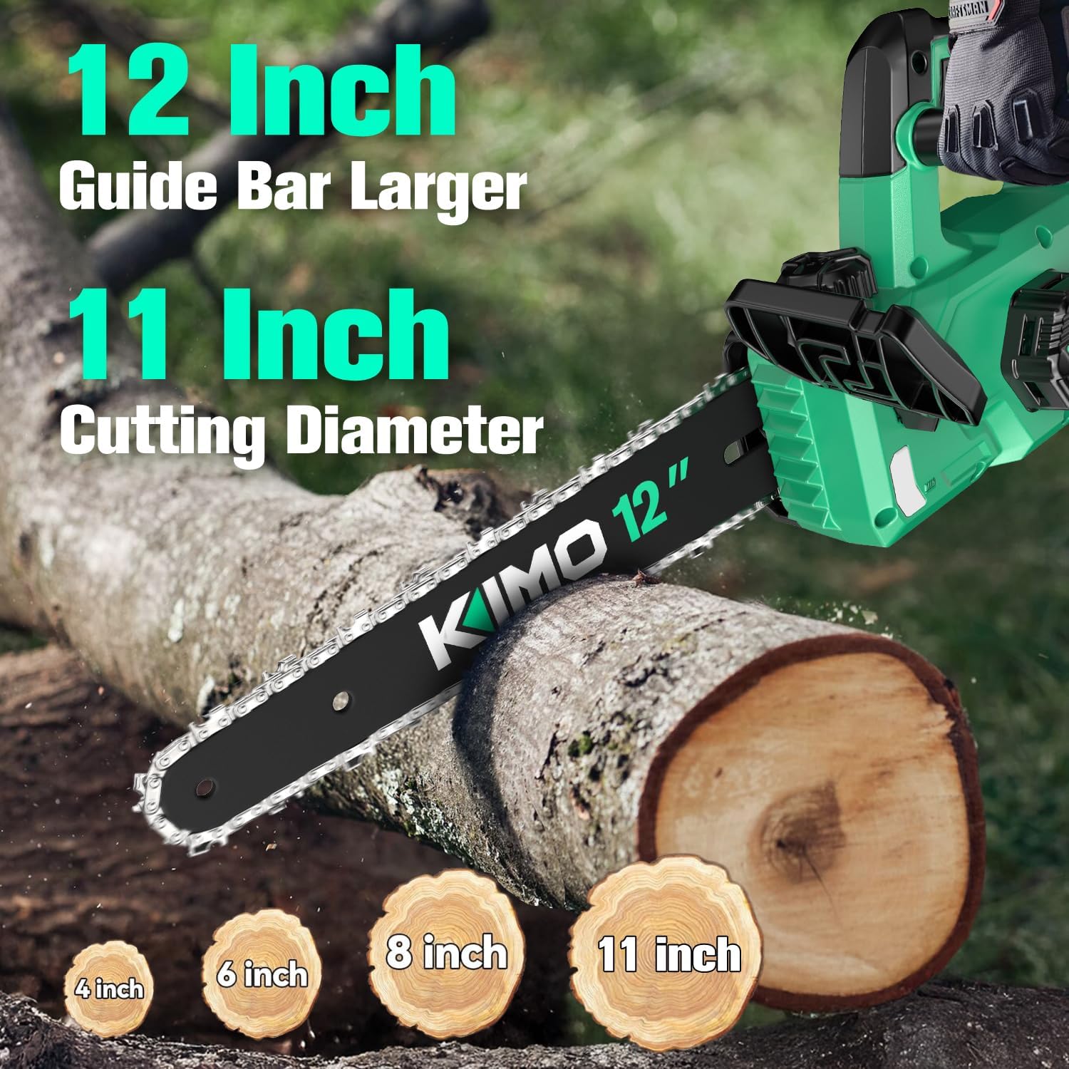 KIMO Brushless Electric Chainsaw 12 Inch Cordless with 2 X 4.0Ah Battery & Fast Charger, 54.5 FT/S Powerful Cutting, Security Lock，Auto Oiler Battery Powered Chainsaw for Wood Cutting & Tree Trimming - Image 4