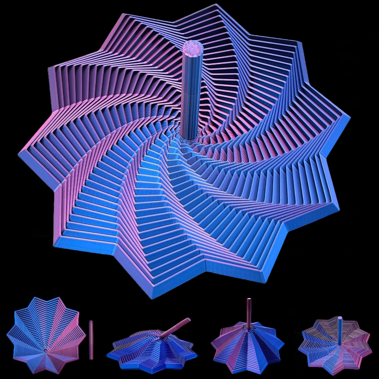 3D Printed Expanded Sensory Fidget Star, Expandable 4.3 Inch Fractal Fidget Hexagon with Handles, Colorful Whirling Spiral Design, Ideal for Office Stress Relief (Blue-Red)