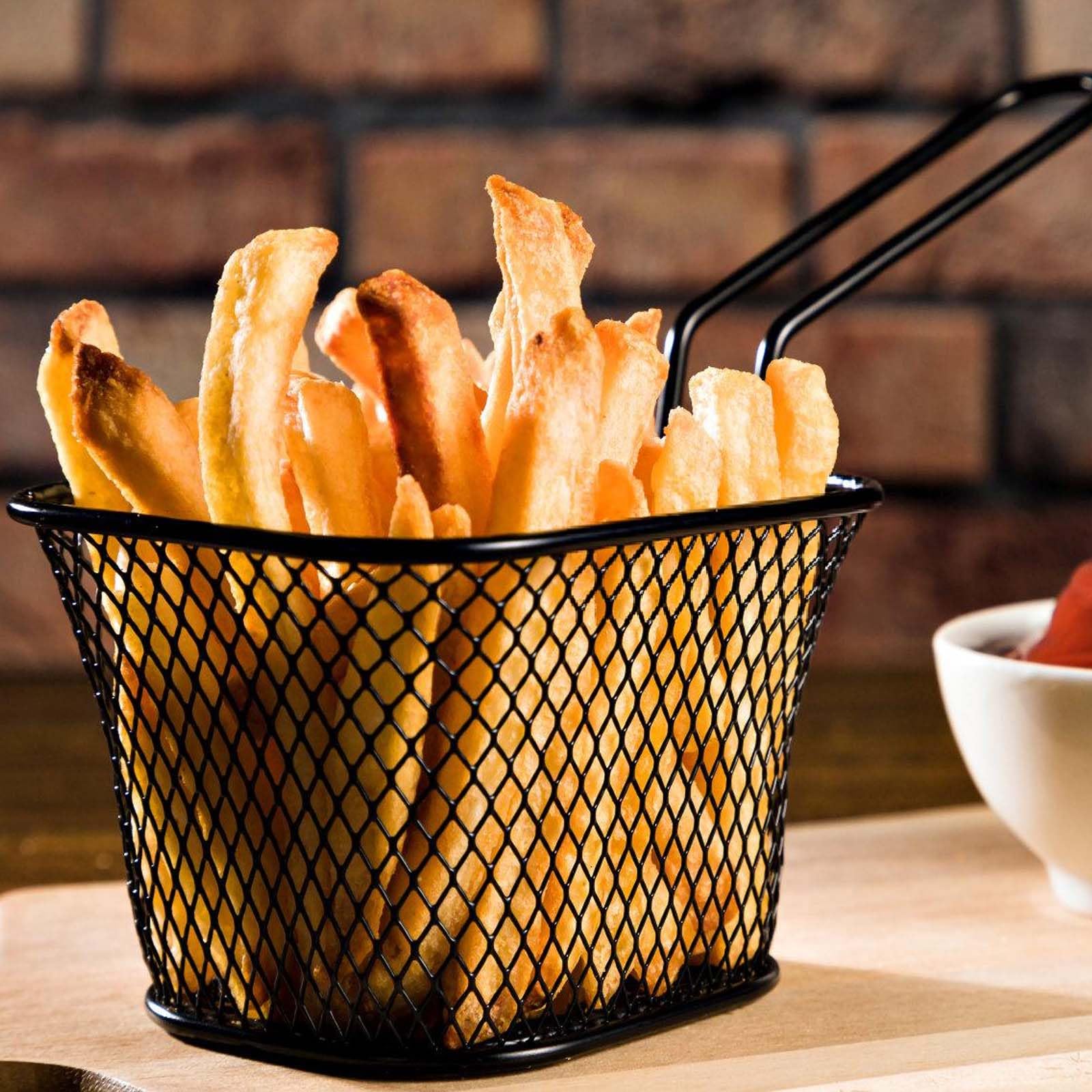 Lot de 12 petits paniers à frites en acier inoxydable avec poignée - Noir - Panier de service pour frites, crevettes, rondelles d'oignon