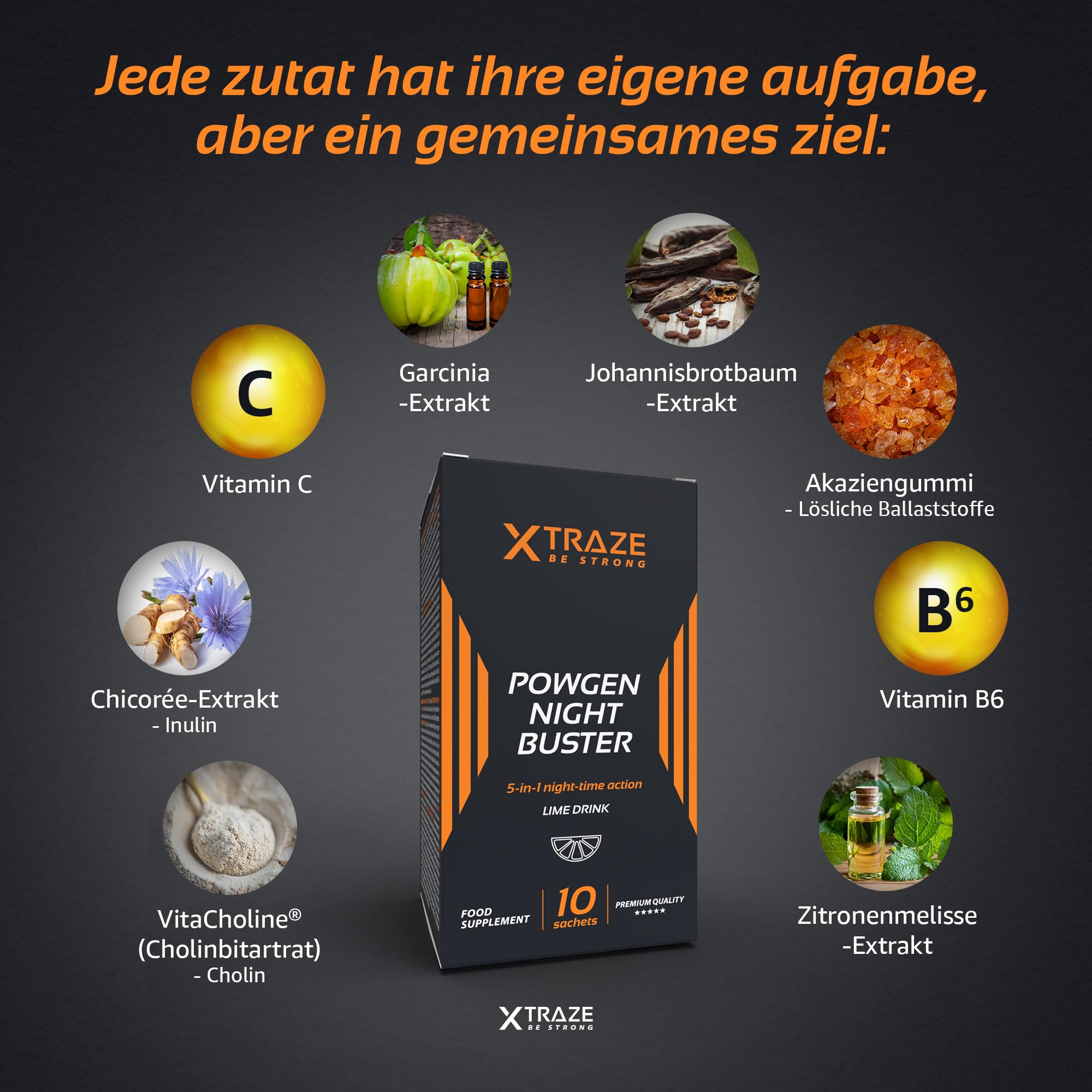 Garcinia Cambogia, Zitronenmelisse, Zichorie, Johannisbrotfrucht, Vitamin C, Vitamin B6 und Cholin | Thermogenisch und Ballaststoffreich | 10 Beutel für 10 Tage | XTRAZE Powgen Night Buster