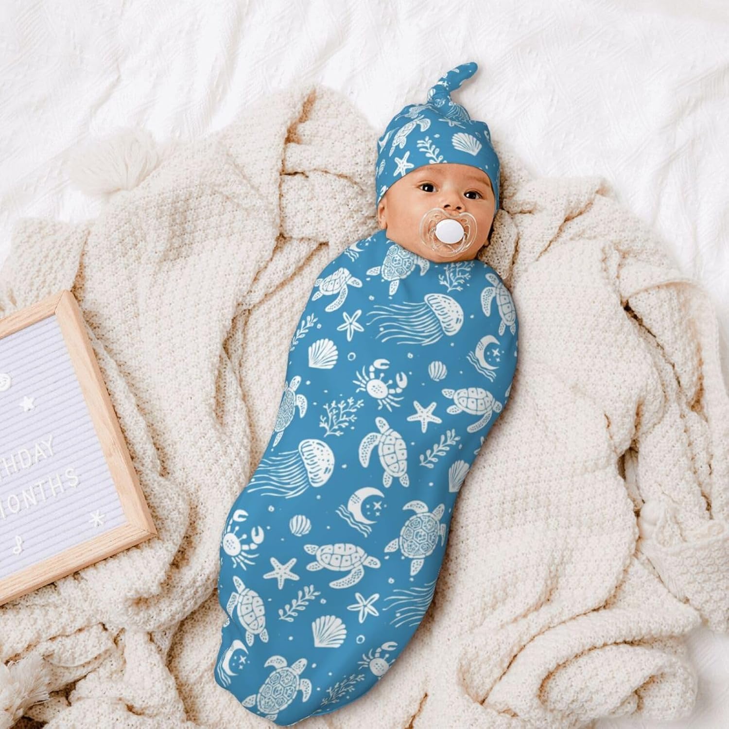 Sea Turtle Swaddle Blankets Newborn Receiving Blanket Beach Baby Swaddle Wrap with Hat, Ocean Sea Sleeping Clothes for Baby Girls Boys - Image 7