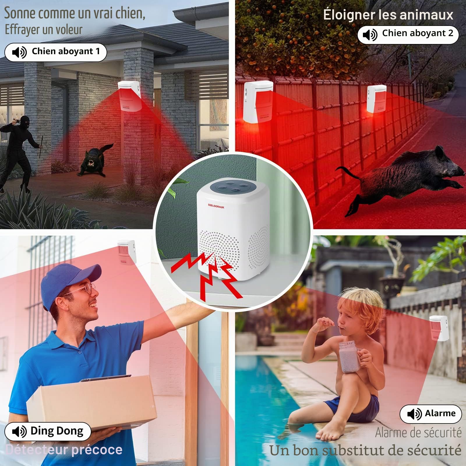 Détecteur de mouvement d'alarme d'aboiement de chien, détecteur de sécurité domestique sans fil de 300 mètres, kit de cloches de porte (lot de 1 capteur + 1 récepteur)