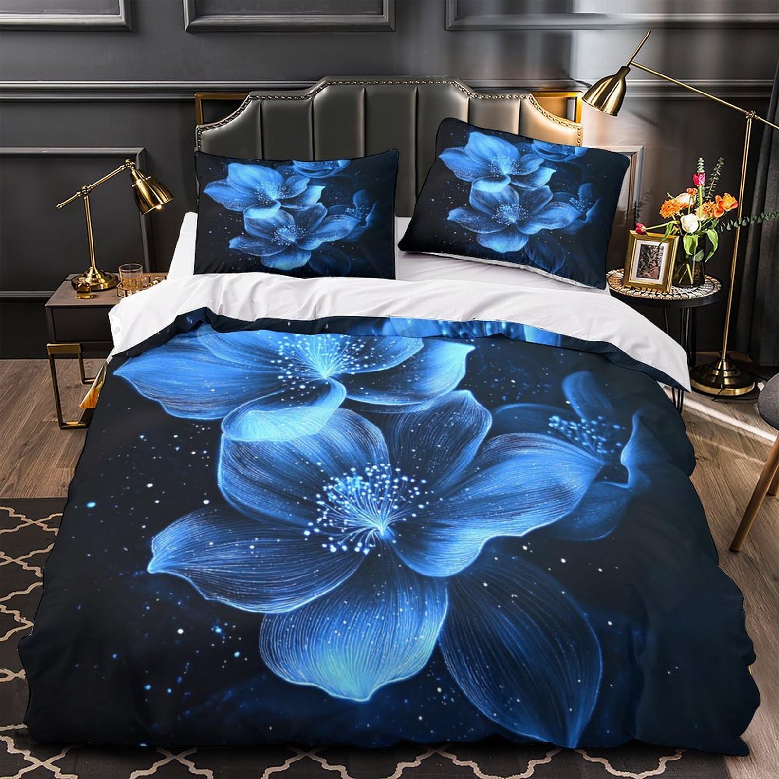 Housse de couette bleu 200x200 parure de lit 3D microfibre douce hypoallergique