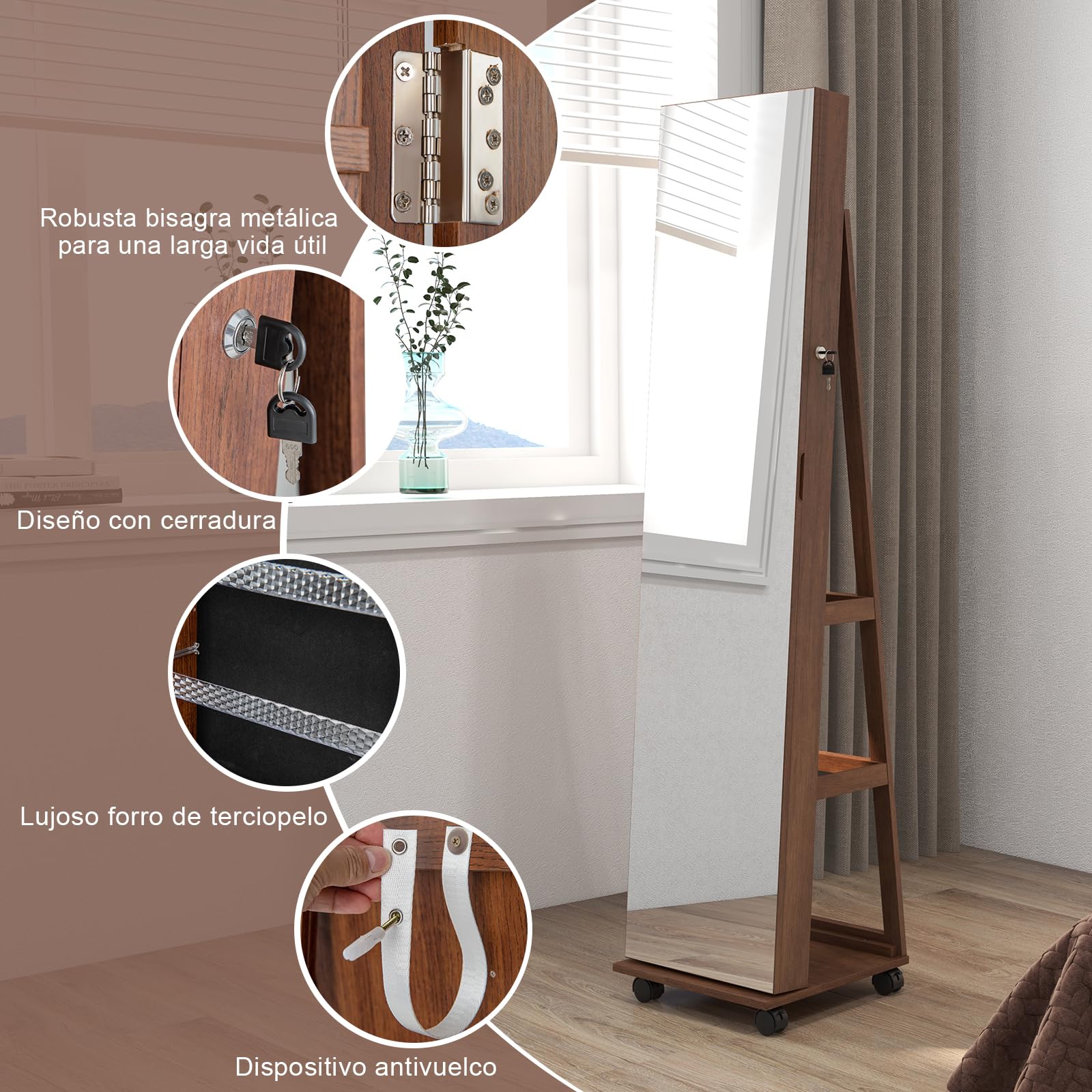 GOPLUS Armario para Joyas con Espejo de Cuerpo Entero, Espejo Joyero con Iluminación y Estante, Almacenamiento de Joyas con Ruedas, Organizador de Joyas con Cerradura para Dormitorio Vestidor