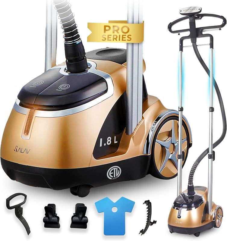 SALAV Limited Edition Professional Series Dual Bar Garment Steamer with Foot Pedals, Stainless Steel Steam Plate, Retractable Power Cord, 1.8L (60.8 oz) Water Tank, 1500 watts, 60+mins of Steam