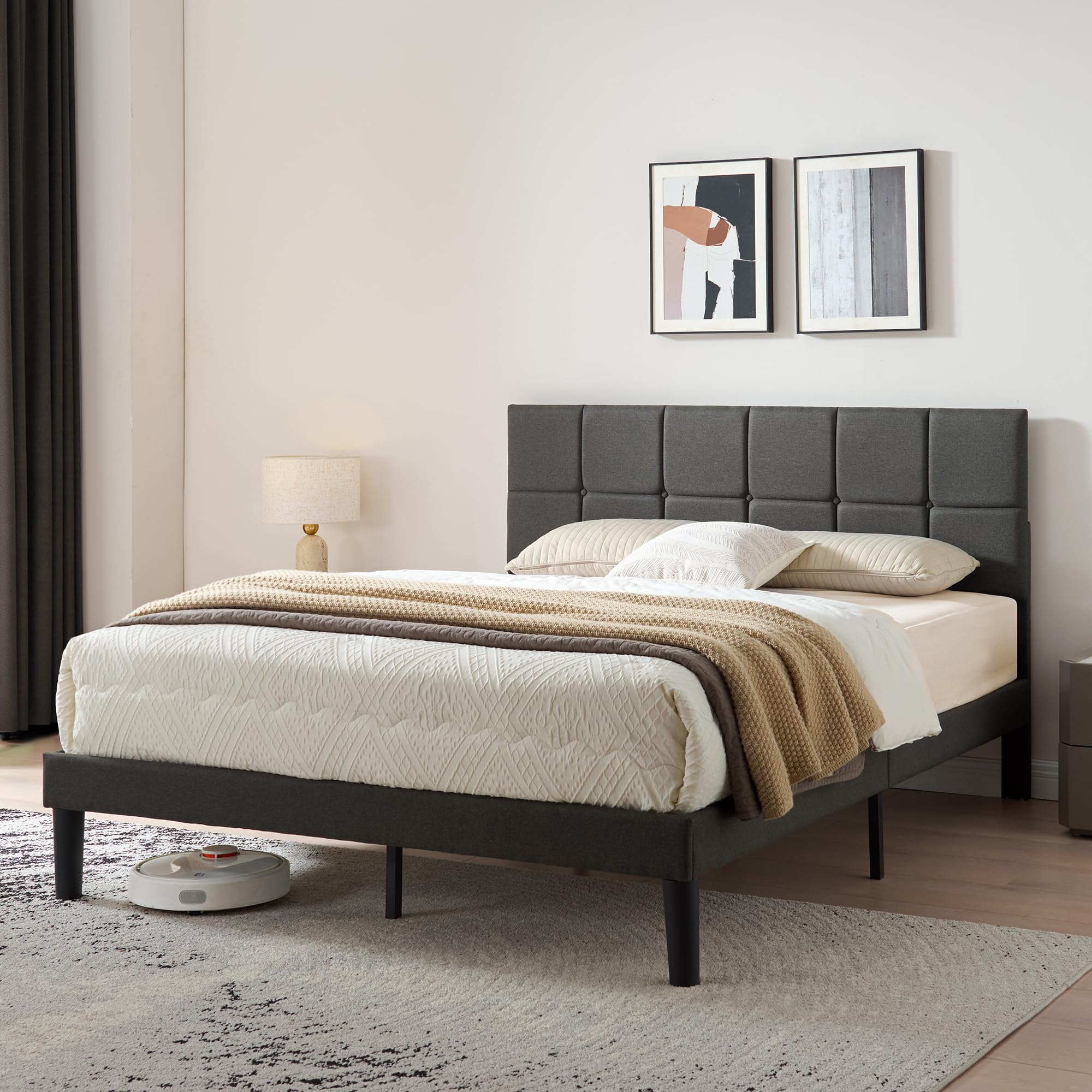 Z-hom Sommier 160x200 cm avec Lattes en Bois, Cadre & Tête de Lit 2 Personnes Tapissier, Montage Facile, Hauteur : 32 cm - Gris Foncé
