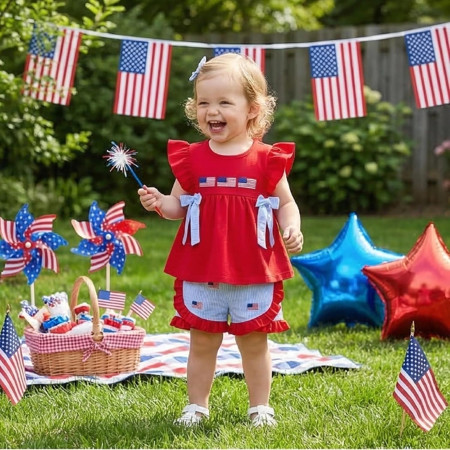 4th Of July Toddler Baby Girl Outfit American Flag Fly Sleeve T-Shirt Ruffle Shorts Set Girls Fourth Of July Clothes