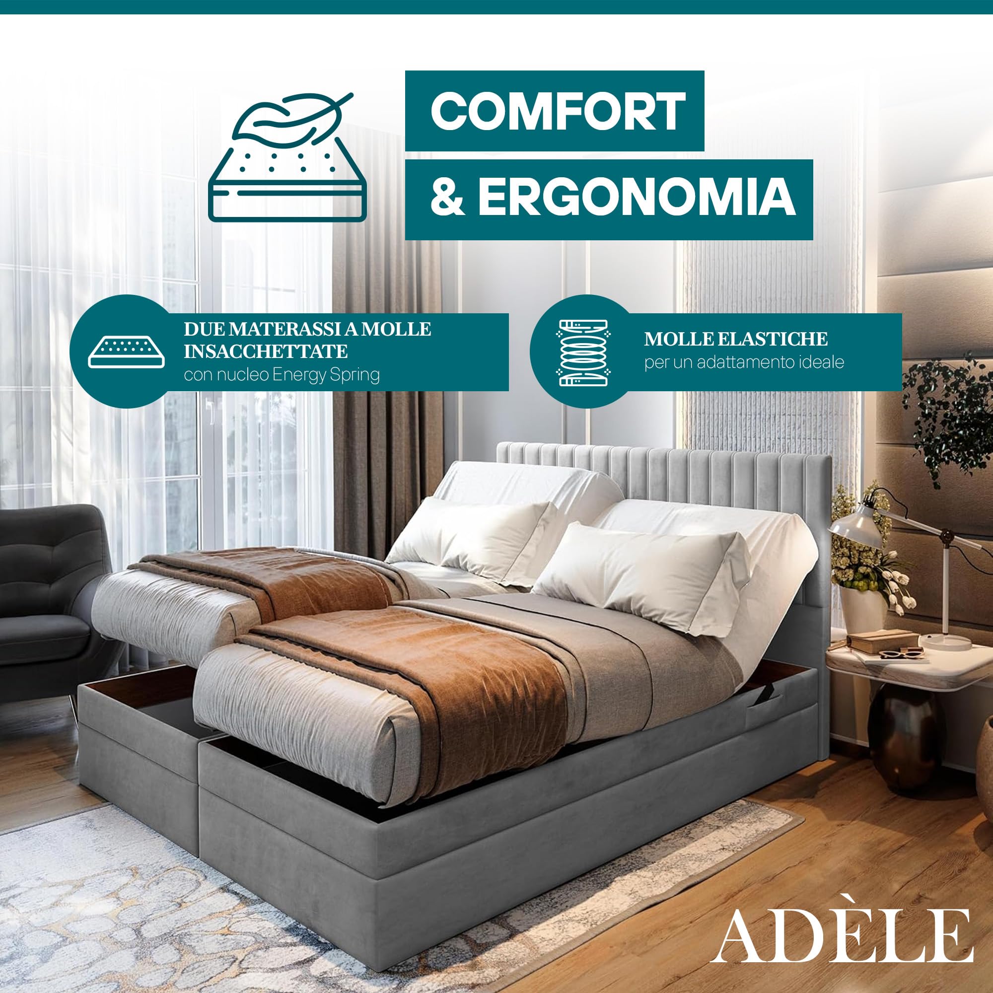 TRADA Letto Contenitore Matrimoniale ADELE, 200x200cm, Beige | Letto Elettrico con Materasso + Tooper e Contenitore - Rivestimento In Tessuto Velour