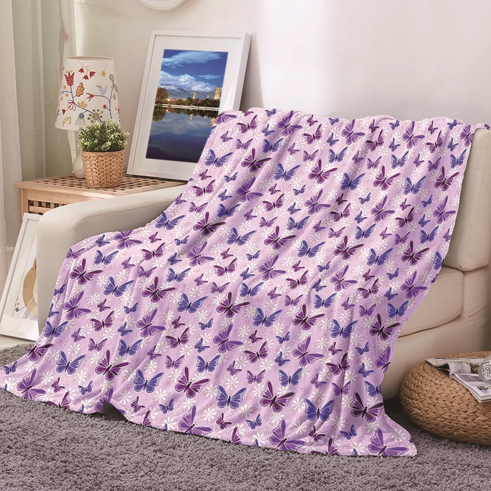 Couverture polaire douce flannel motif papillons rose violet pour réchauffer vos nuits fraîches