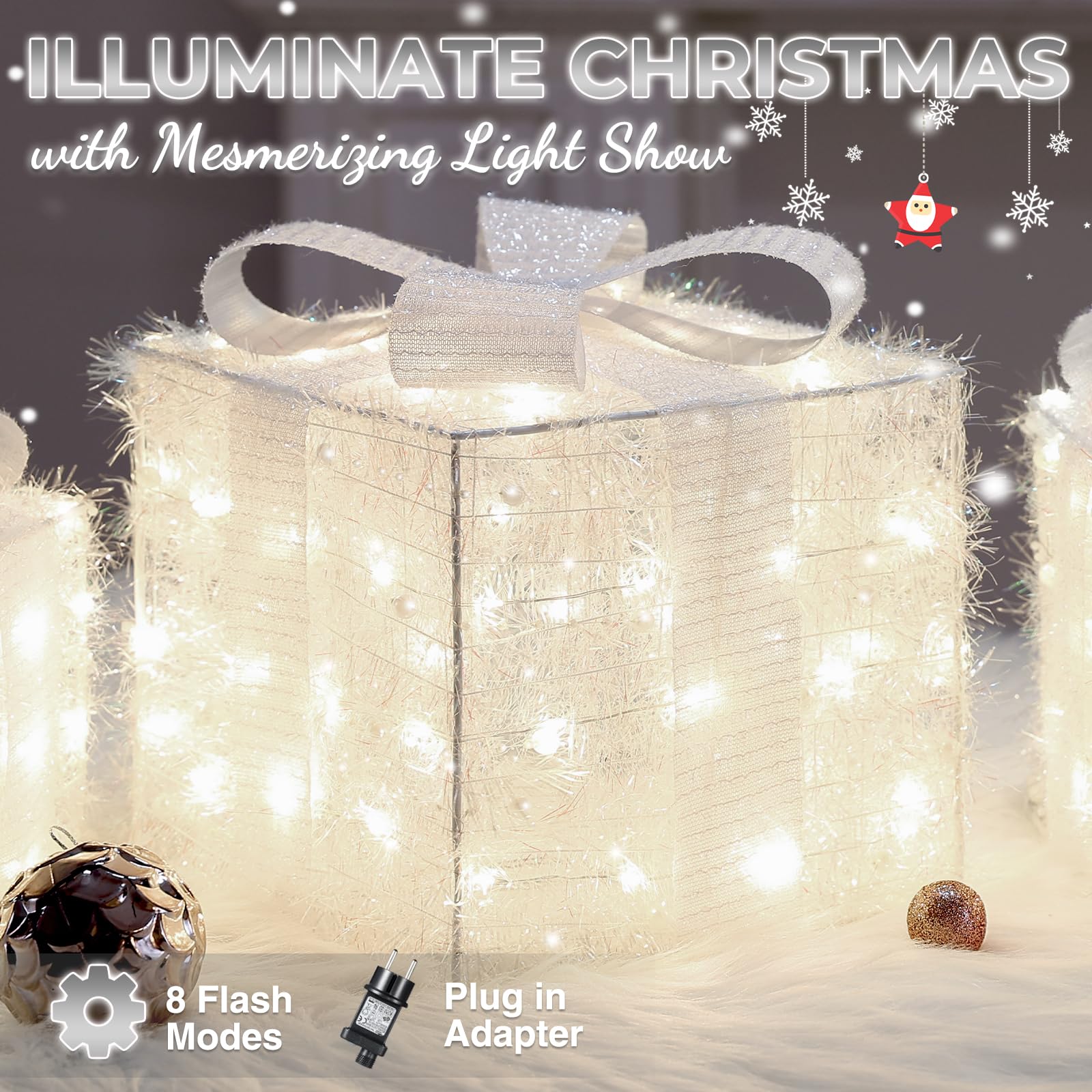 Quntis Caja de Regalo con Luces, 140 Leds Cajas Regalo Navidad Decoracion con 8 Modos y Temporizador, Cajas Navidad Regalo para Árbol de Navidad