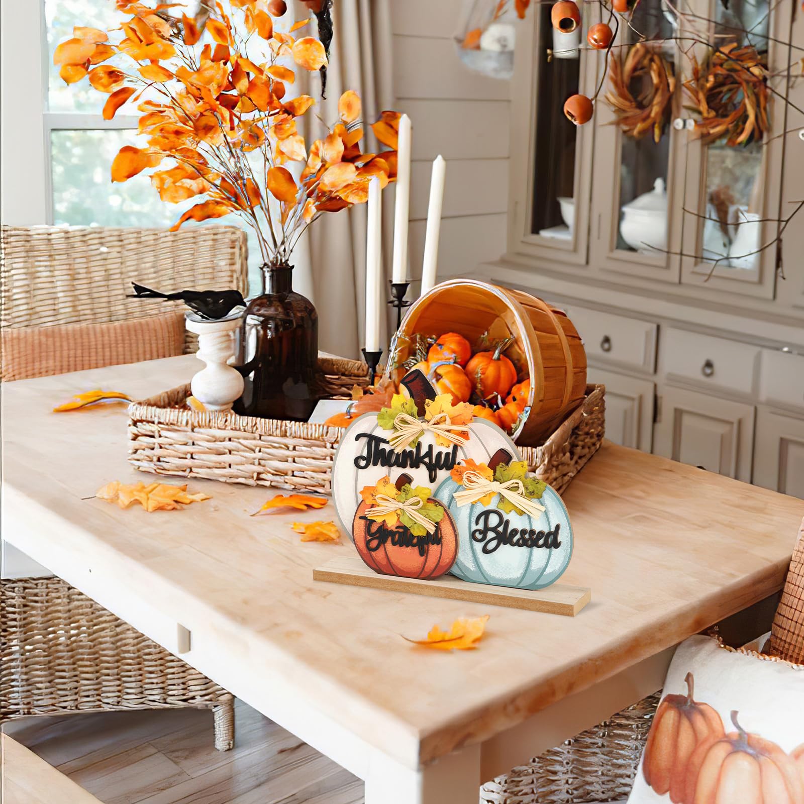 Lot De 3 Citrouilles Décoratives En Bois Sophena, Table, Automne, Thanksgiving, Orange/blanc/bleu